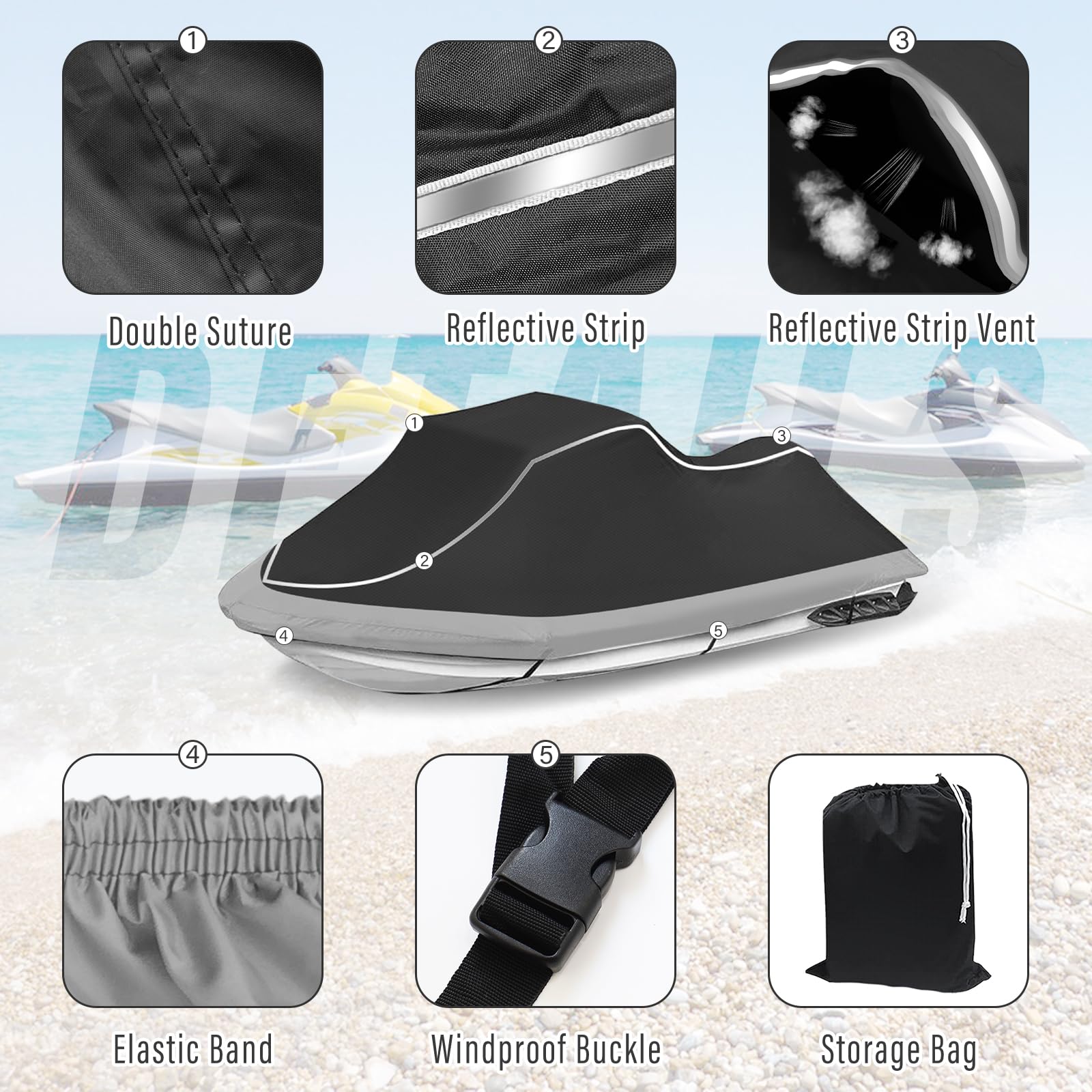 Housse de Jet Ski remorquable – Housse de Protection imperméable et résistante pour PWC 2 Places avec Bandes réfléchissantes et aérations pour Seadoo, Yamaha, Kawasaki Polaris, Convient