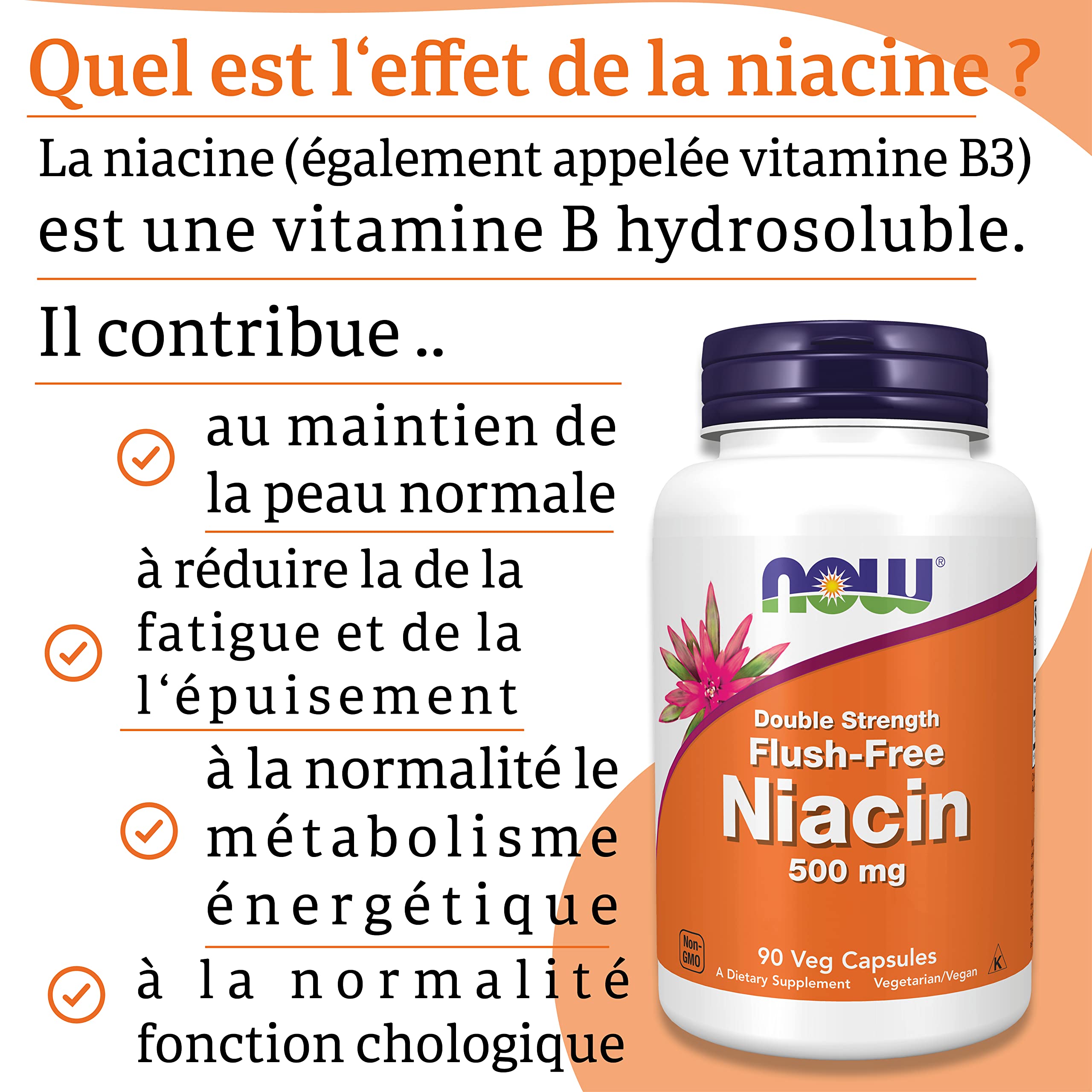 Now Foods, Niacine sans Effet de Flux, 500 mg, 90 Gélules végétaliennes, Testé en Laboratoire, Vitamine B3, Sans Soja, Sans Gluten, Végétarien