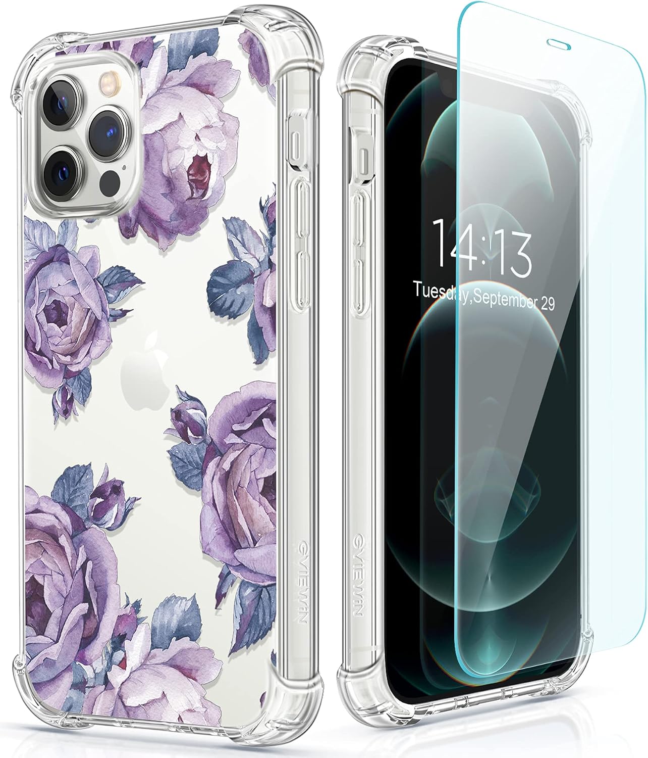GVIEWIN for iPhone 12 Pro Max Case with Screen Protector, Floral Clear Women Phone Case Flower Shockproof Full Body Protective TPU Bumper Cover 6.7 Inch (Purple)