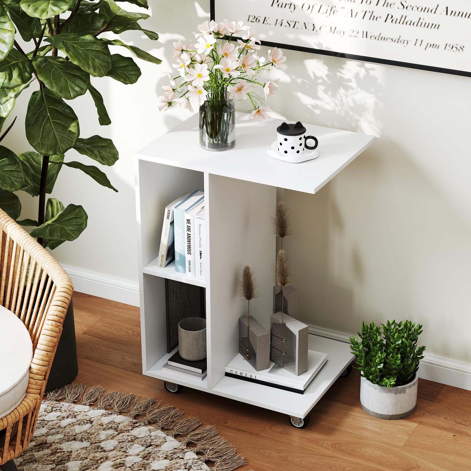 COSTWAY Tavolino a Forma di C con Ruote, Tavolino Laterale da Divano Salvaspazio con 2 Cubi di Stocaggio, Ideale per Camera da Letto, Soggiorno e Salotto, 45 x 35 x 64,5 cm, Bianco