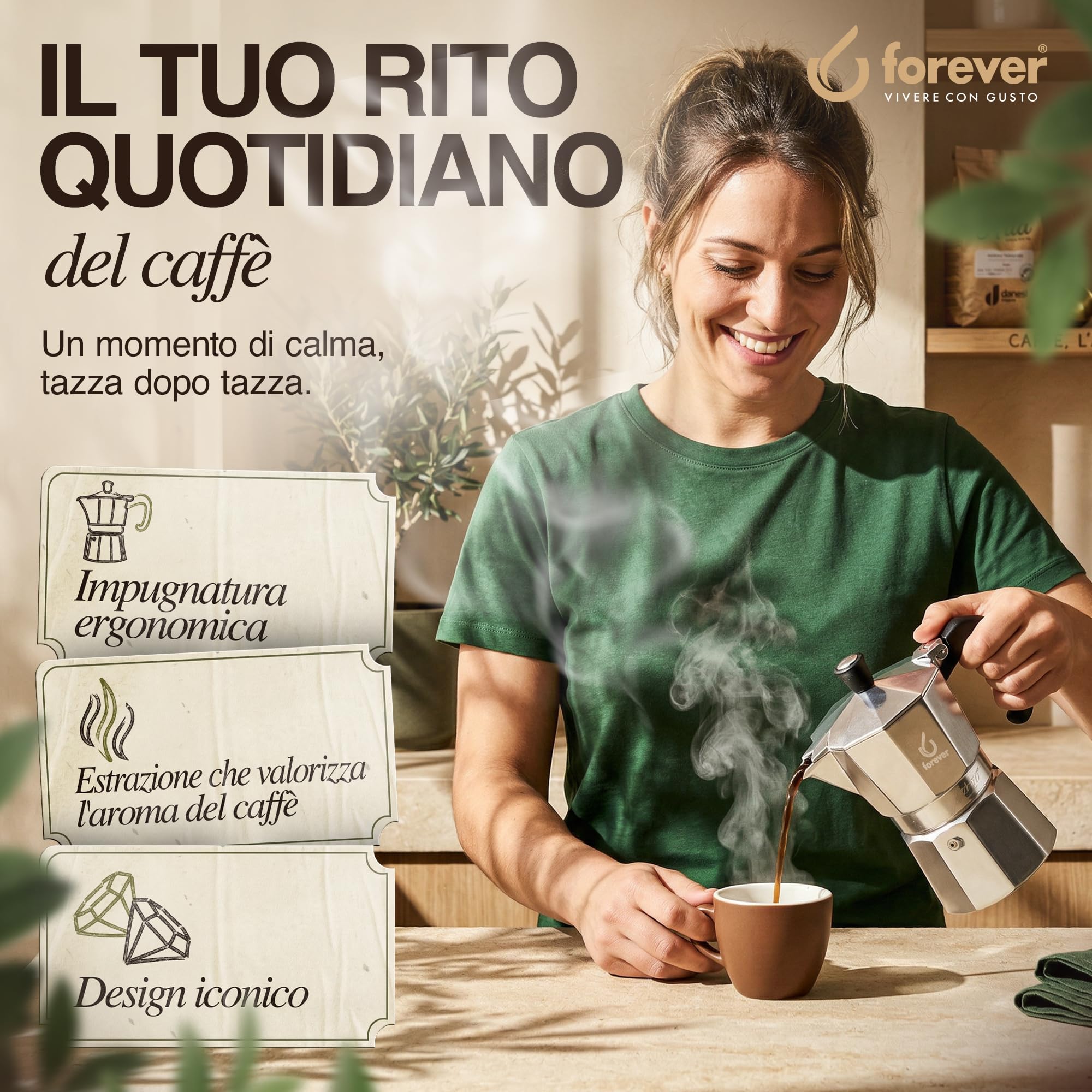 FOREVER Miss Moka Prestige INDUCTION 12 Tazze | Caffettiera Moka per Piano a Induzione | Macchina da Caffè in Innovativo Materiale Composite a 2 Strati | Con Guarnizione in Silicone