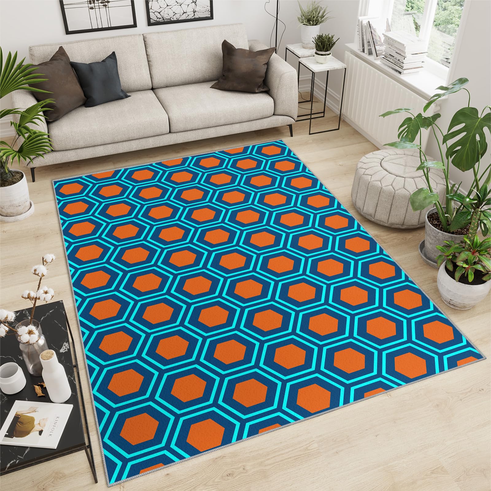 150 x 240 cm, zmywalny dywan o strukturze plastra miodu sześciokątny geometryczny wzór w kolorze granatowym pomarańczowym i czerwonym średniowiecznym dywan do wnętrz mata wodoodporna do podłóg z