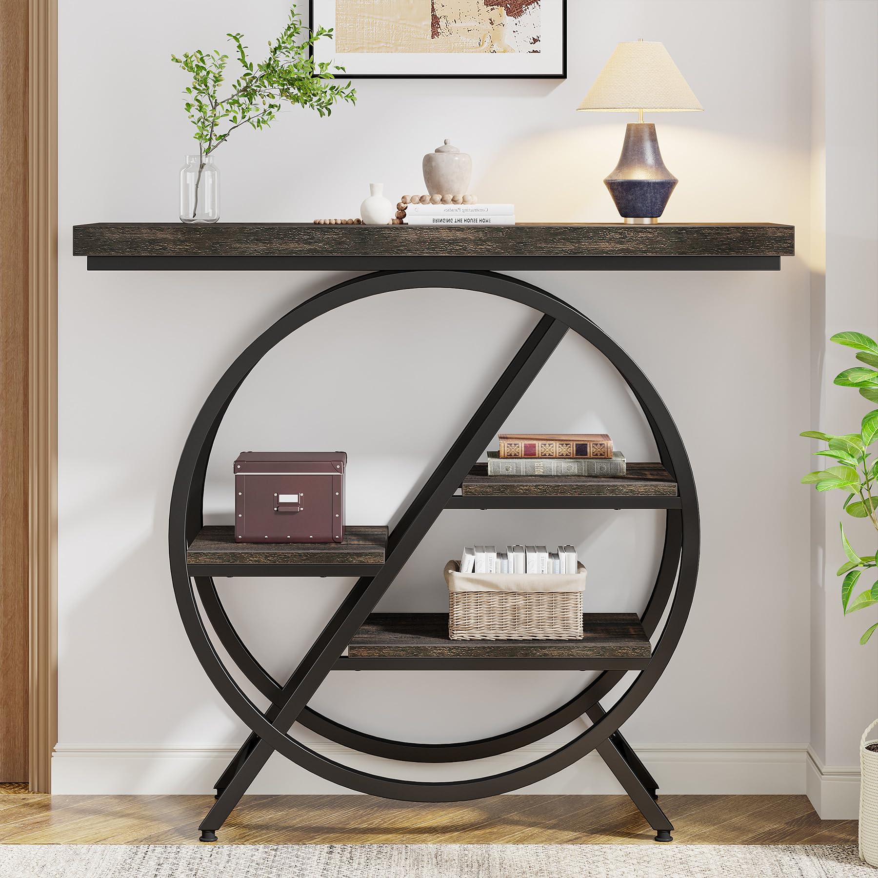 Tribesigns Stół konsolowy, 100 cm, stół wejściowy z pogrubionym blatem, przemysłowy, 4-poziomowy stół do korytarza, stolik z geometryczną metalową ramą, do salonu, wejścia, foyer (szary)