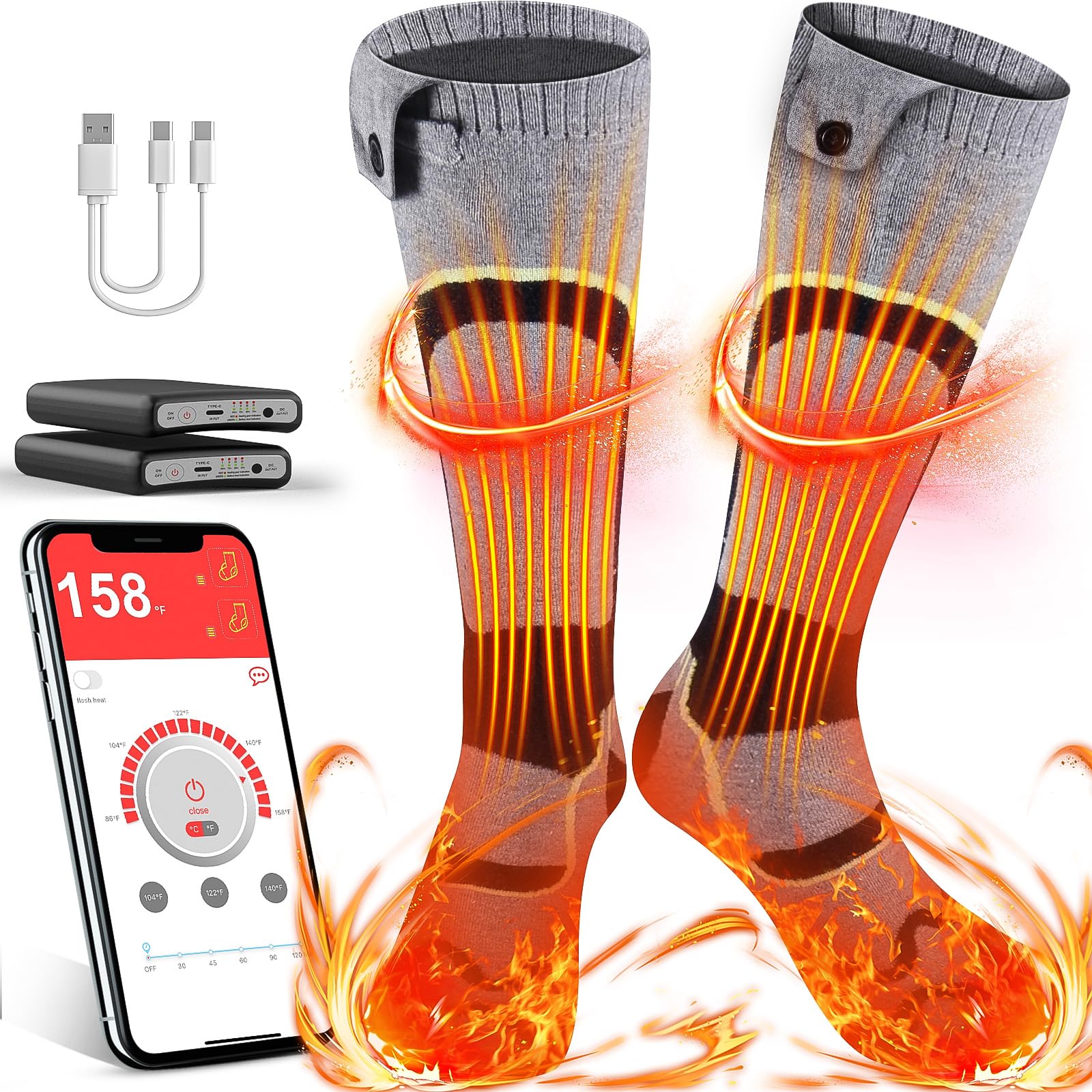 AOLDHYY Electric Heated Socks with App Control, 4500mAh 3.7V Rechargeable Battery Heated Socks, 3 Temperature Settings: 86°F - 159°F, Suitable for Camping, Skiing, Hiking, Hunting, Fishing, Unisex