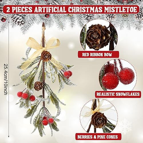 Miniatura 2 de Giegxin 1 adorno artificial de muérdago navideño con lazo rojo, decoración de muérdago colgante de Navidad, ramo floral de conos de pino natural,