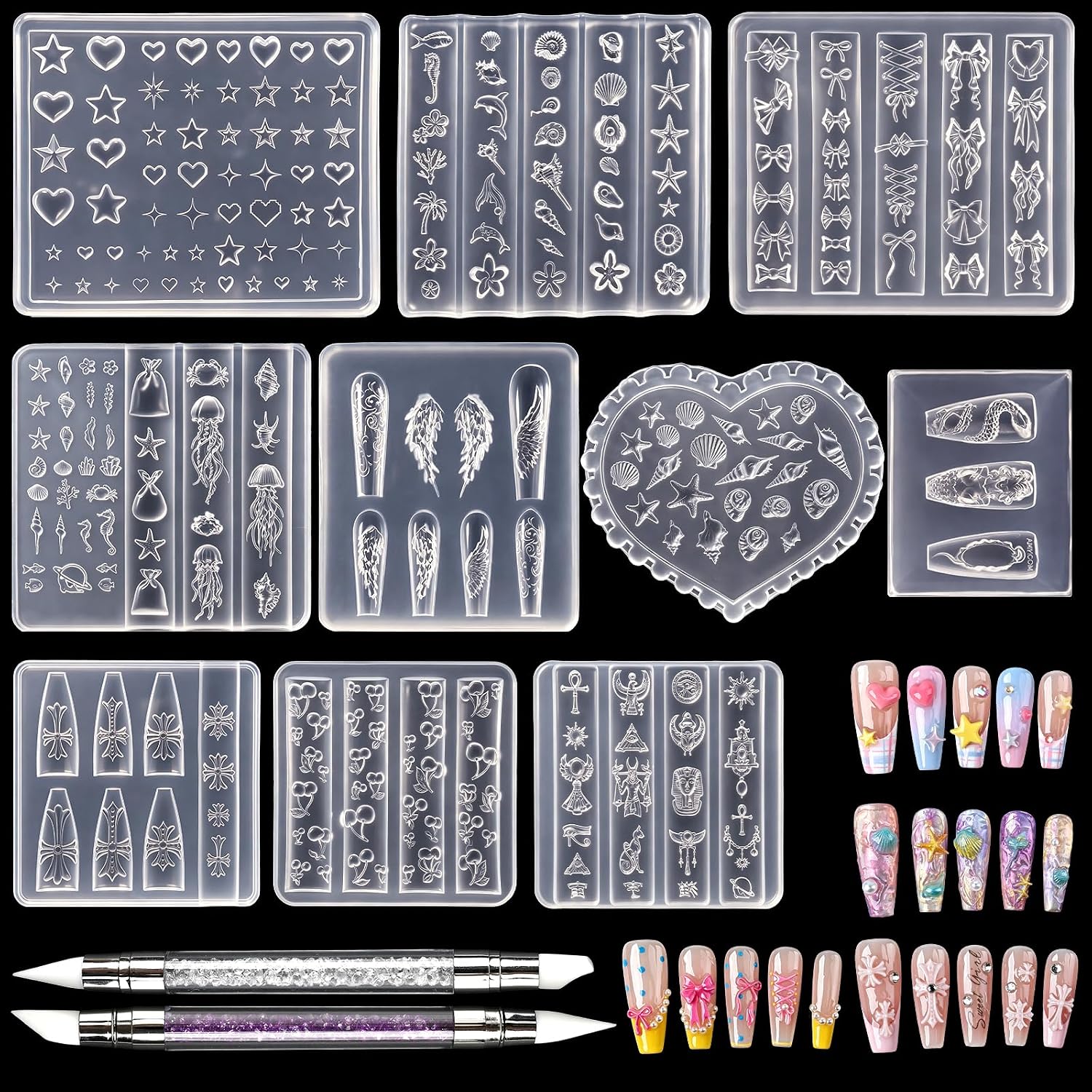 10-Piece Set of 3D Nail Art Silicone Resin Molds | 3D Artistic Flower Nail Accessory Molds, Star, Angel, Shell, Bow, and Snake-Shaped Nail Design Molds, Suitable for DIY Nail Accessories