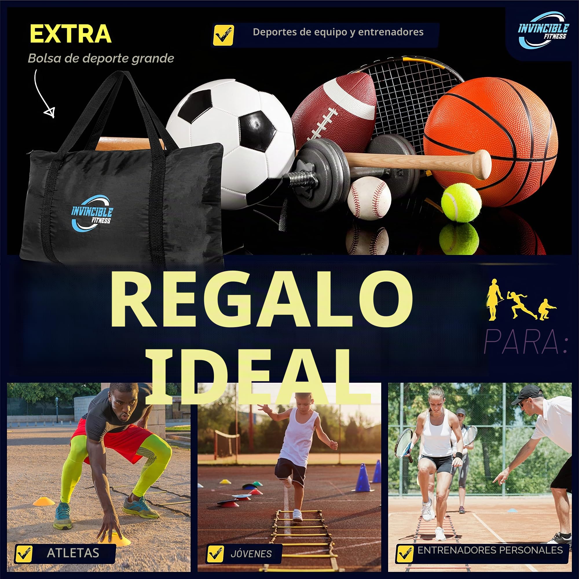 Escalera de Agilidad Set, 11 peldaños, Duradero Materiales, portátil Bolsa de Transporte, Incluye 4 piquetas de Metal + Bonus: 2,5 "Lacrosse Masaje Pelota, por Invencible Fitness
