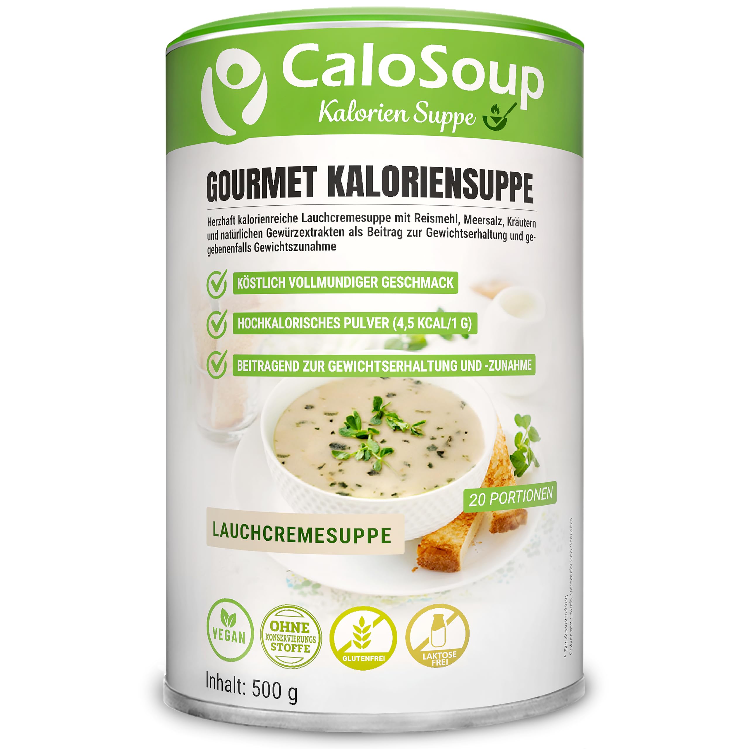 Hochkalorische Suppe zum Zunehmen 20 Portionen | Nahrung hochkalorisch als Fertigsuppe | Fertiggerichte mit Gemüse | Flüssignahrung CaloSoup Kalorien Lauchsuppe (Lauchcreme) 500 g
