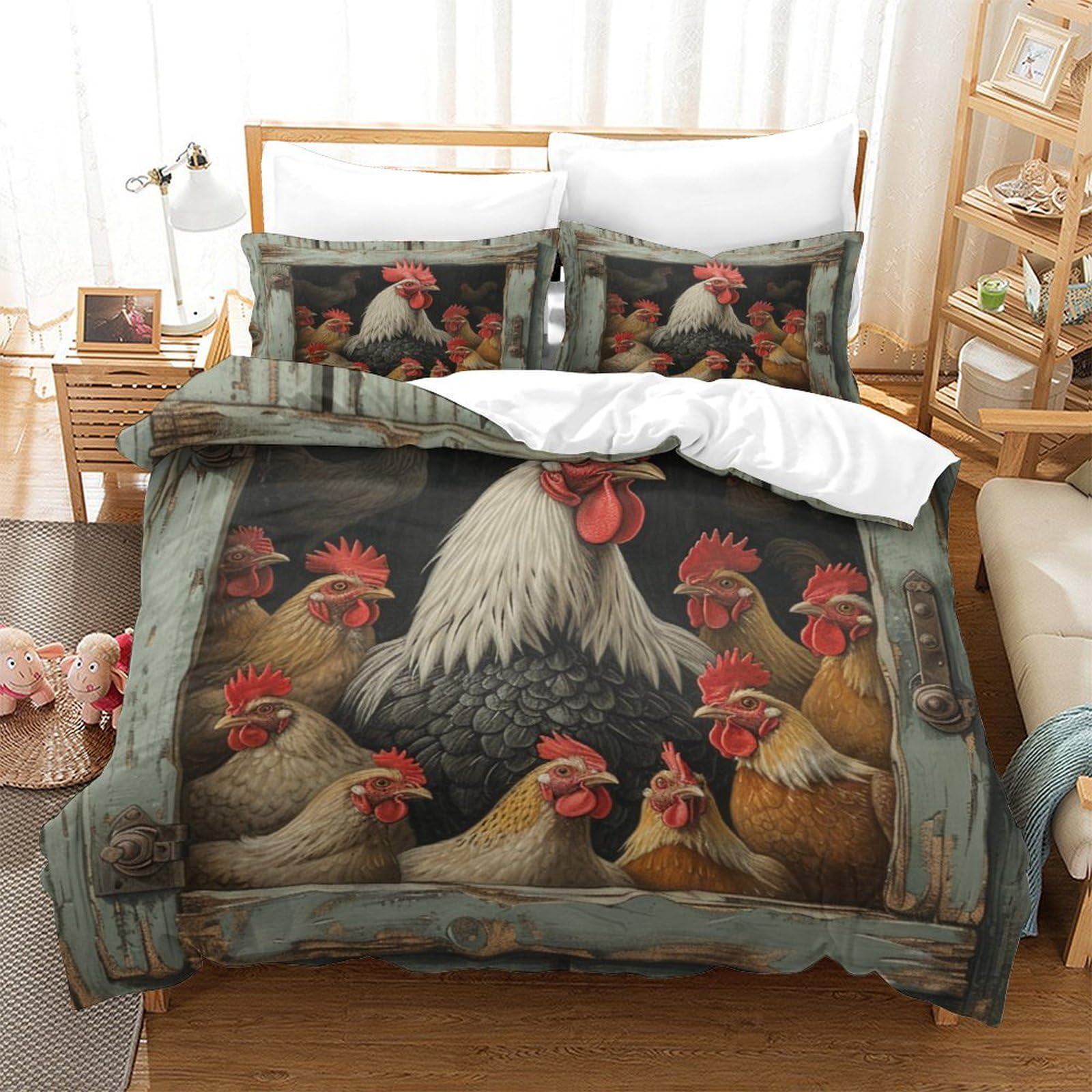 P1S9U7W5Y Farmhouse Style 3D Printed Rooster Hen Duvet Cover Set 3 Pieces Microfiber Bedroom Decor Chicken Bedding Set for Adults Gift King（220x240cm）