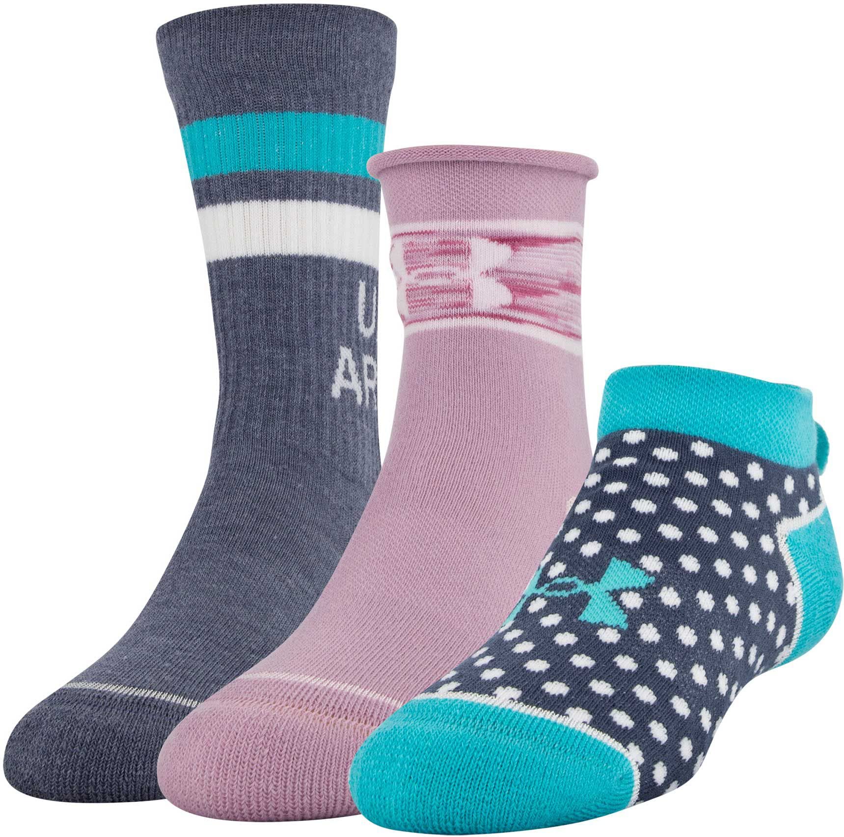 Under Armour Girl's Wardrobe Socks 3 Pack (Purple(1319927-100)/Assorted, Small)