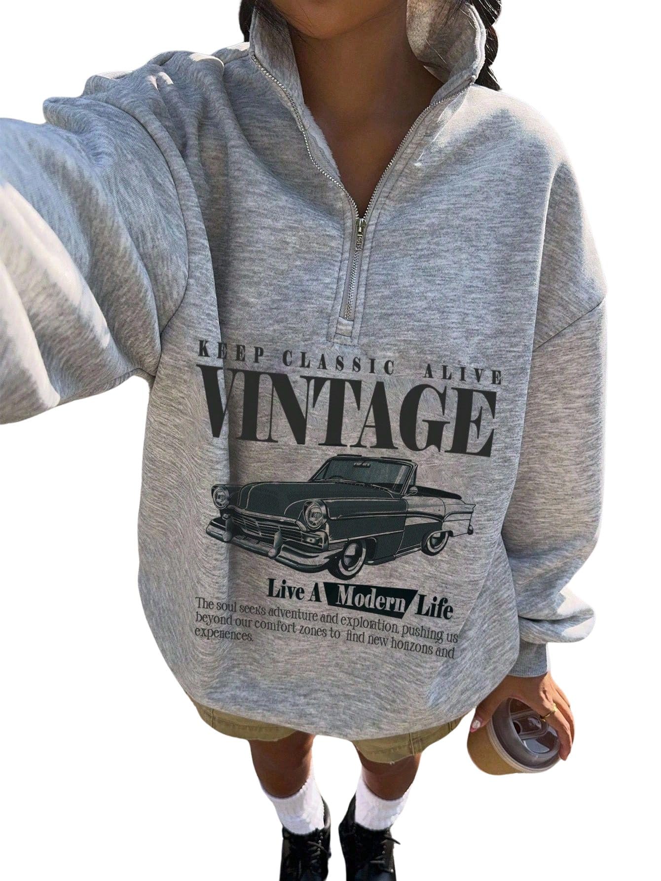 sxv style Women's Vintage Car Half Zip Sweatshirt, Gray, Casual Pullover, Oversized Fit, 'Keep Classic Alive' Graphic Print-picture-33