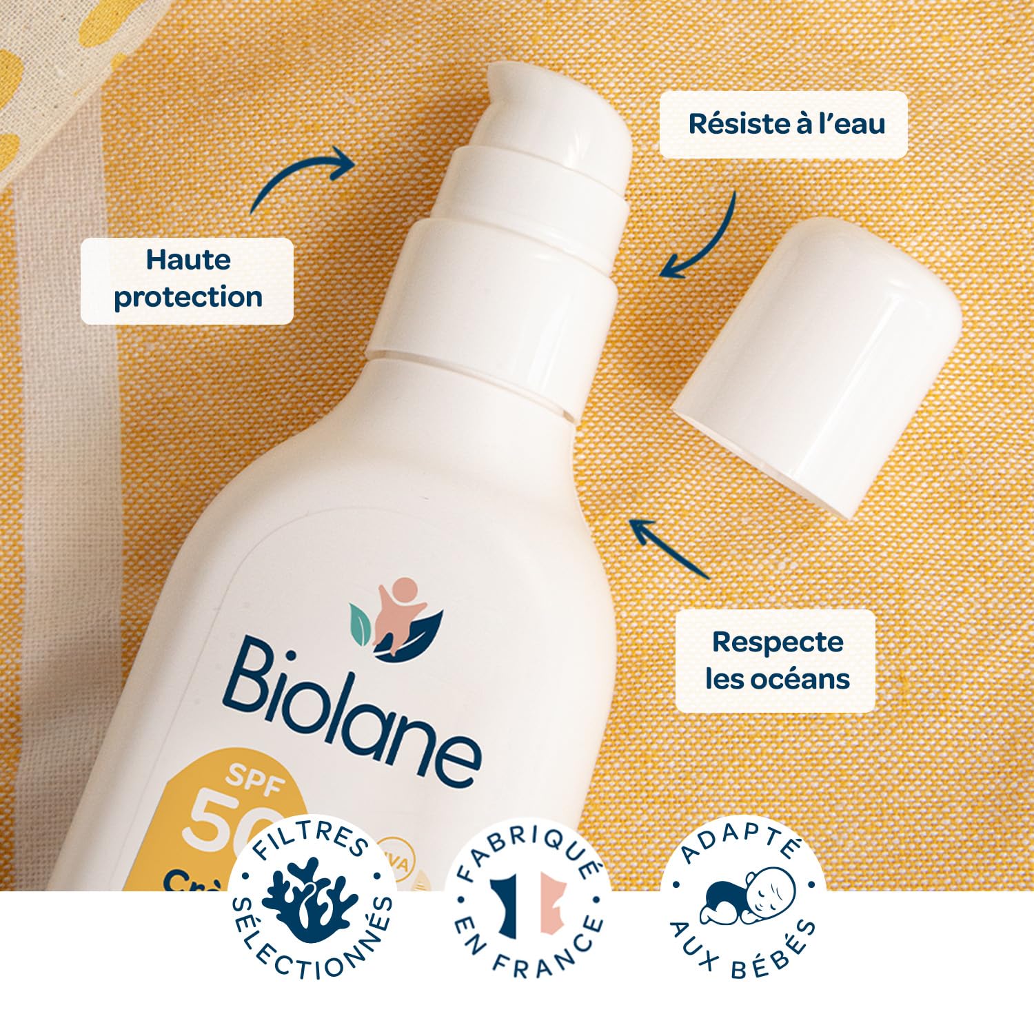 BIOLANE - Creme Solaire Bebe SPF 50-200ML - Haute Protection Contre UVA et UVB - Peaux Sensibles - Résistant à l'eau - Filtre Solaires Sécurité Bébé - Fabriqué en France