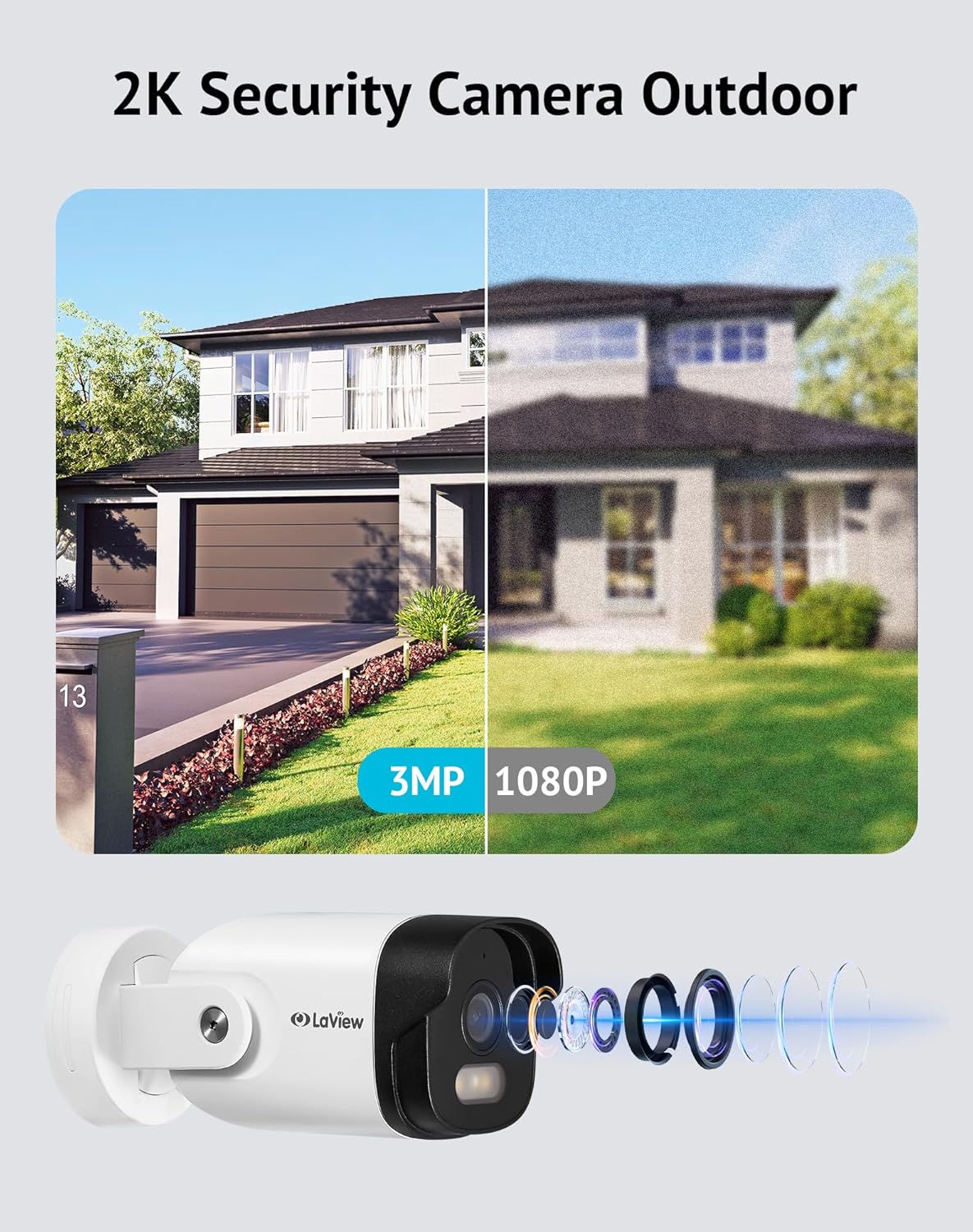 LaView 2K Security Camera Outdoor with Color Night Vision,3MP Wired Cameras for Home Security,IP65 Waterproof Camera, 24/7 Live Video,2 Way Audio,Cloud Storage/SD Slot,Compatible with Alexa