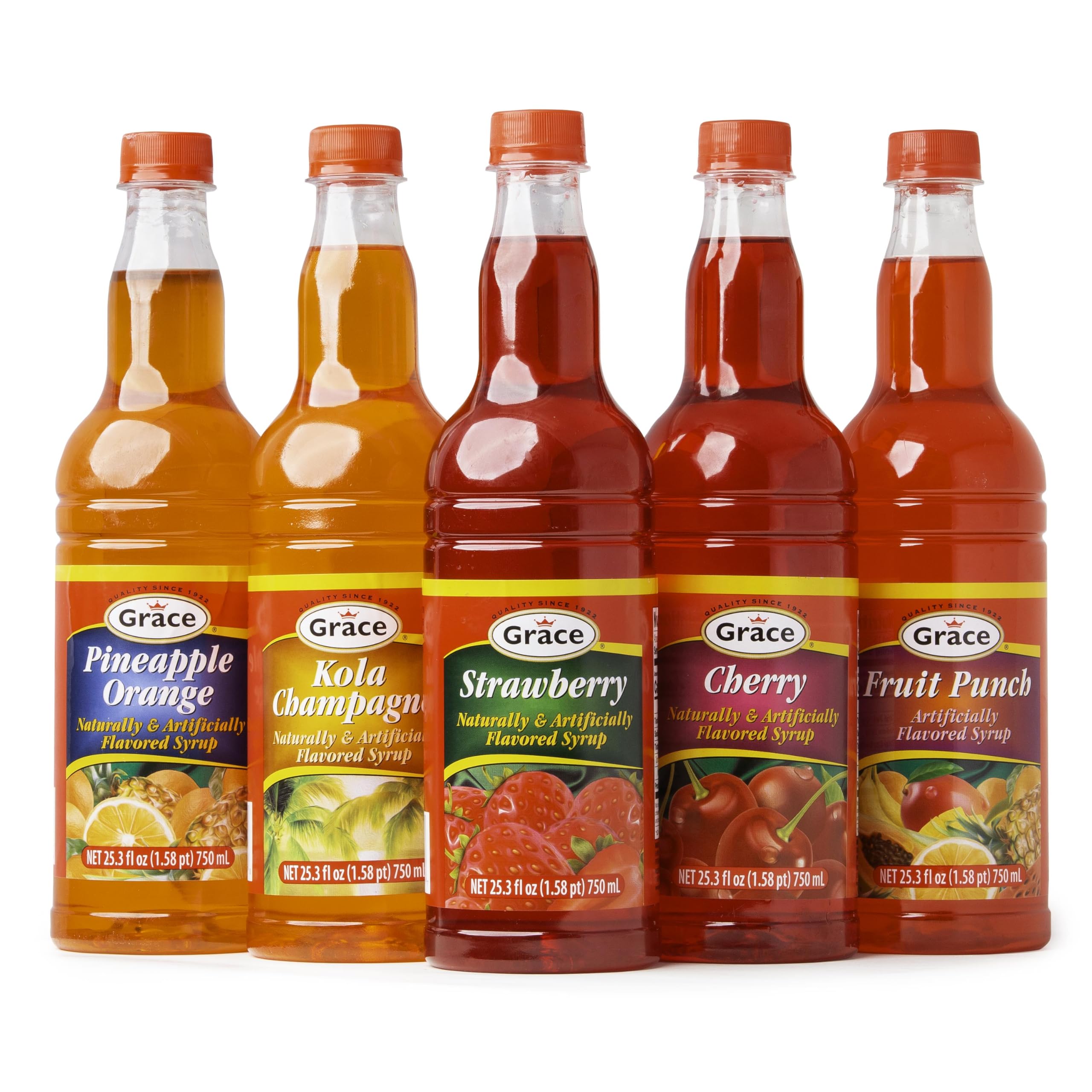 Grace Kola Champagne, Cherry, Strawberry, Fruit Punch & Pineapple Orange - Jamaican Flavored Syrups - 25.3oz - 5 Pack Bundle