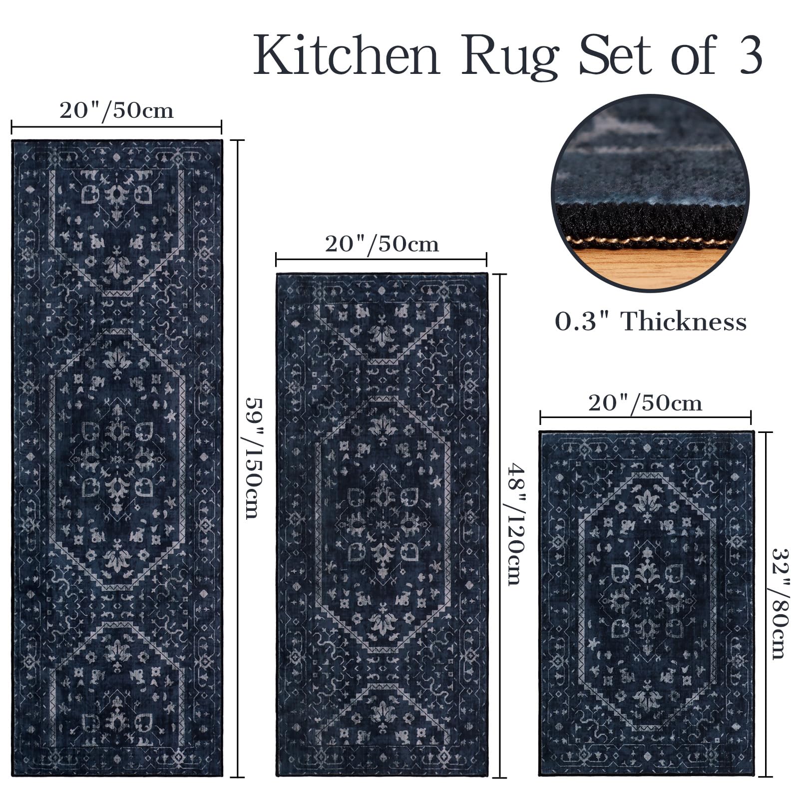 TUKDAK Kitchen Rug Sets of 3, Navy Boho Washable Non Slip Kitchen Mats for Floor Soft Runner Throw Rugs for Hallway Bathroom Laundry Front of Sink
