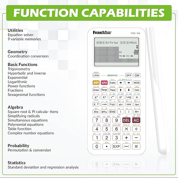 Franklin Scientific Graphing Calculator with 3 Operating Modes - Scientific Calculator Includes 20 Built-in graphs - Ideal for Beginner and Advanced Courses with Protective Cover - White