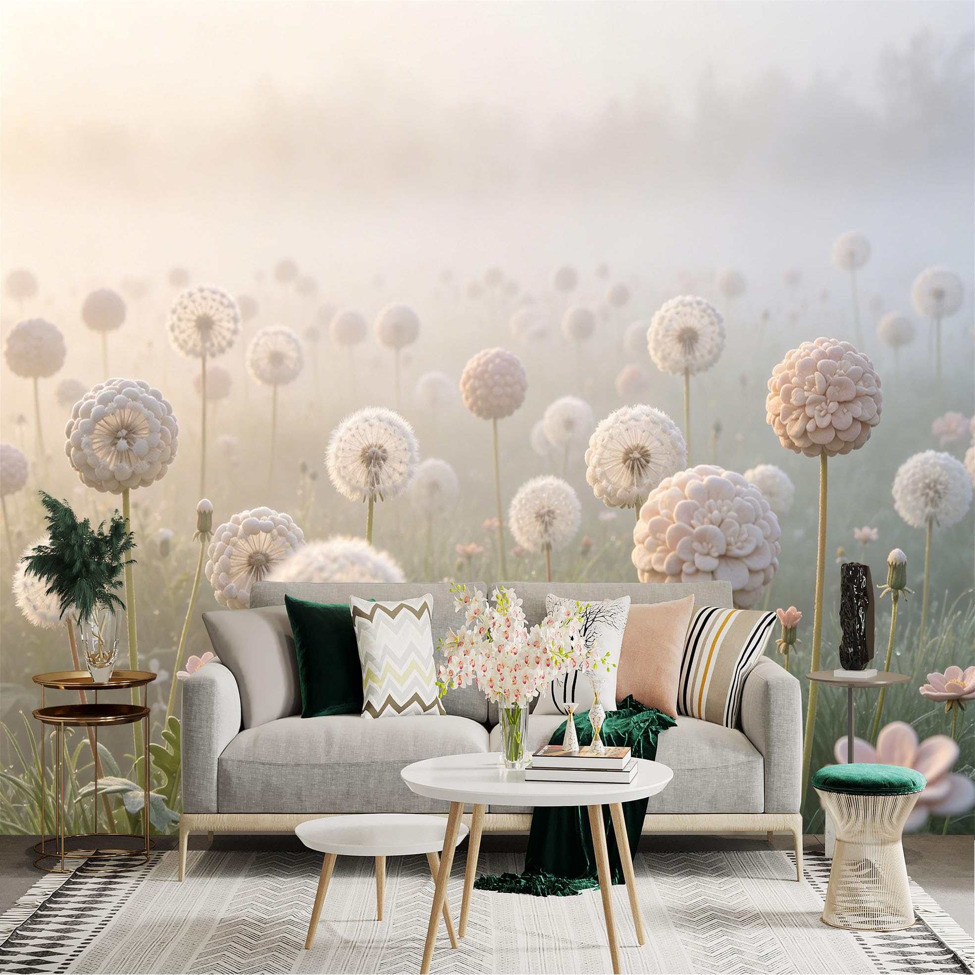 Lnzczhyre Dbh260521138 Custom Size Wall Sticker Mural， Misty Morning Meadow， Fluffy White Seed Heads， Soft Dreamy Botanical Scene， Serene Natural Landscape， For Wall Decoration， Peelandstick Wall Decals.