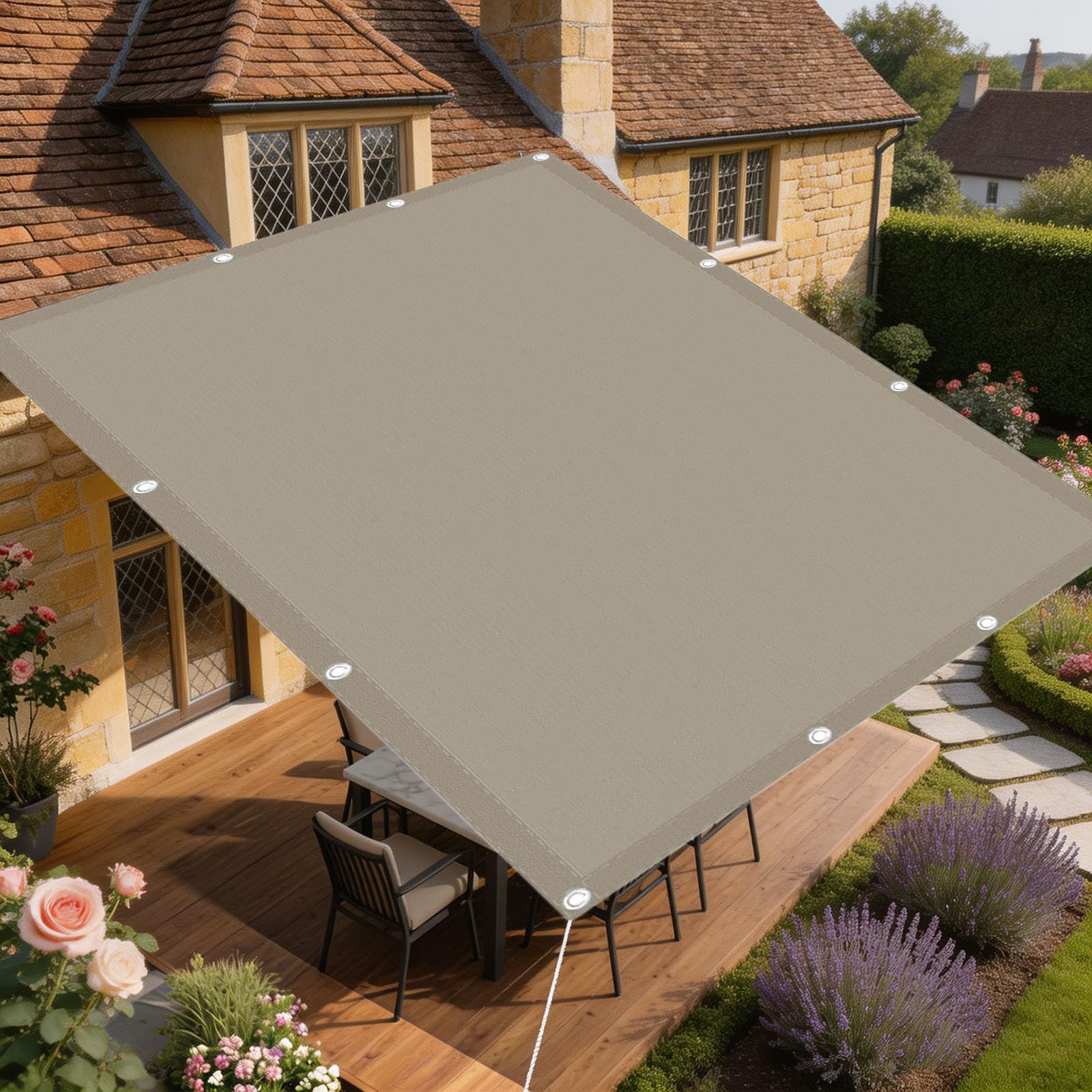 Voile d'ombrage Imperméable 290 x 420 cm Protection Contre Le Vent Anti-Déchirure Résistant Aux Intempéries et Respirant Filet D’Ombrage Rectangulaire pour Patio Jardin, Kaki