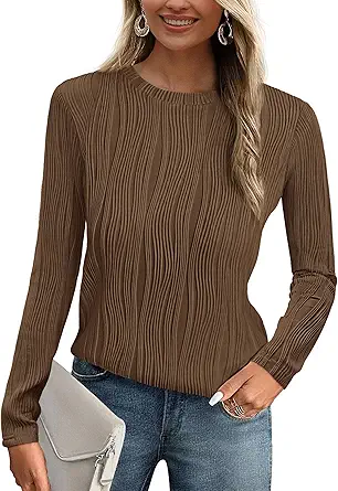 PRETTYGARDEN Long Sleeve Tops for Women 2025 Spring Fall Trendy Business Dressy Casual Shirts Crewneck Textured Blouse