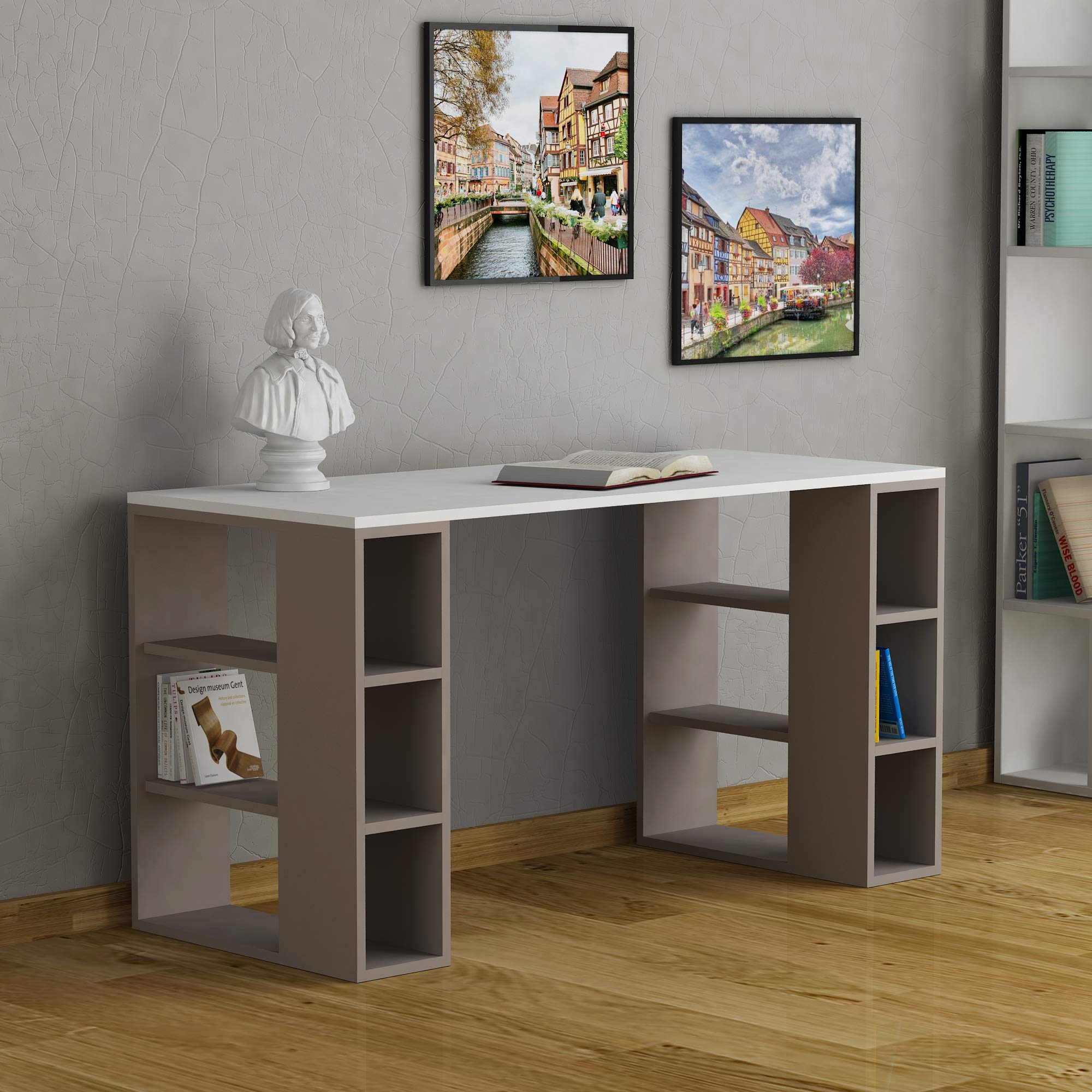 HOCUS PICUS Working Desk for Home, Study Room, Office, Library, Study Work Table with 12 Open Storage Shelf, Simple Design for Student Worker 140(W)x60(D)x75(H)cm (White - Light Mocha)