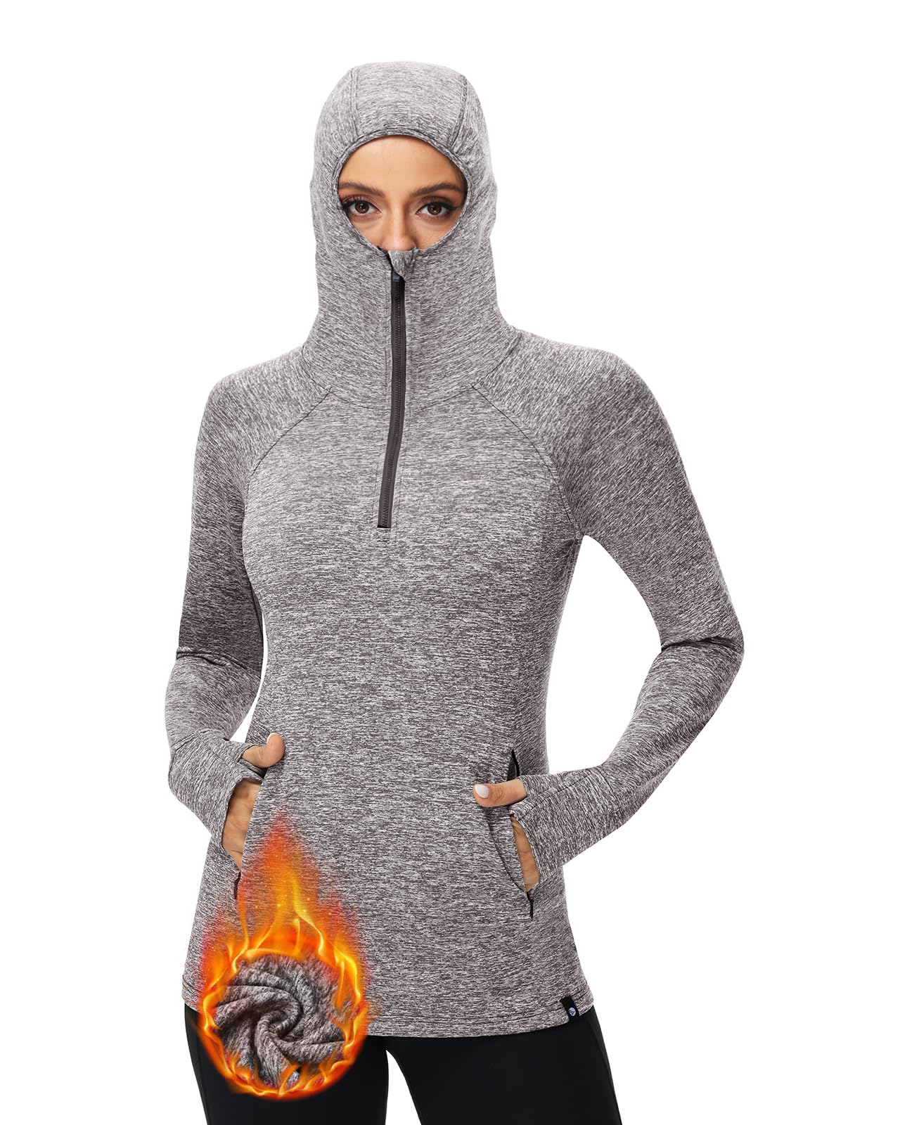 Soneven Women's Thermal Fleece Running Shirts Warm Winter Pullover Cold Weather Hoodie Sweatshirts Mask Thumb Holes Pockets