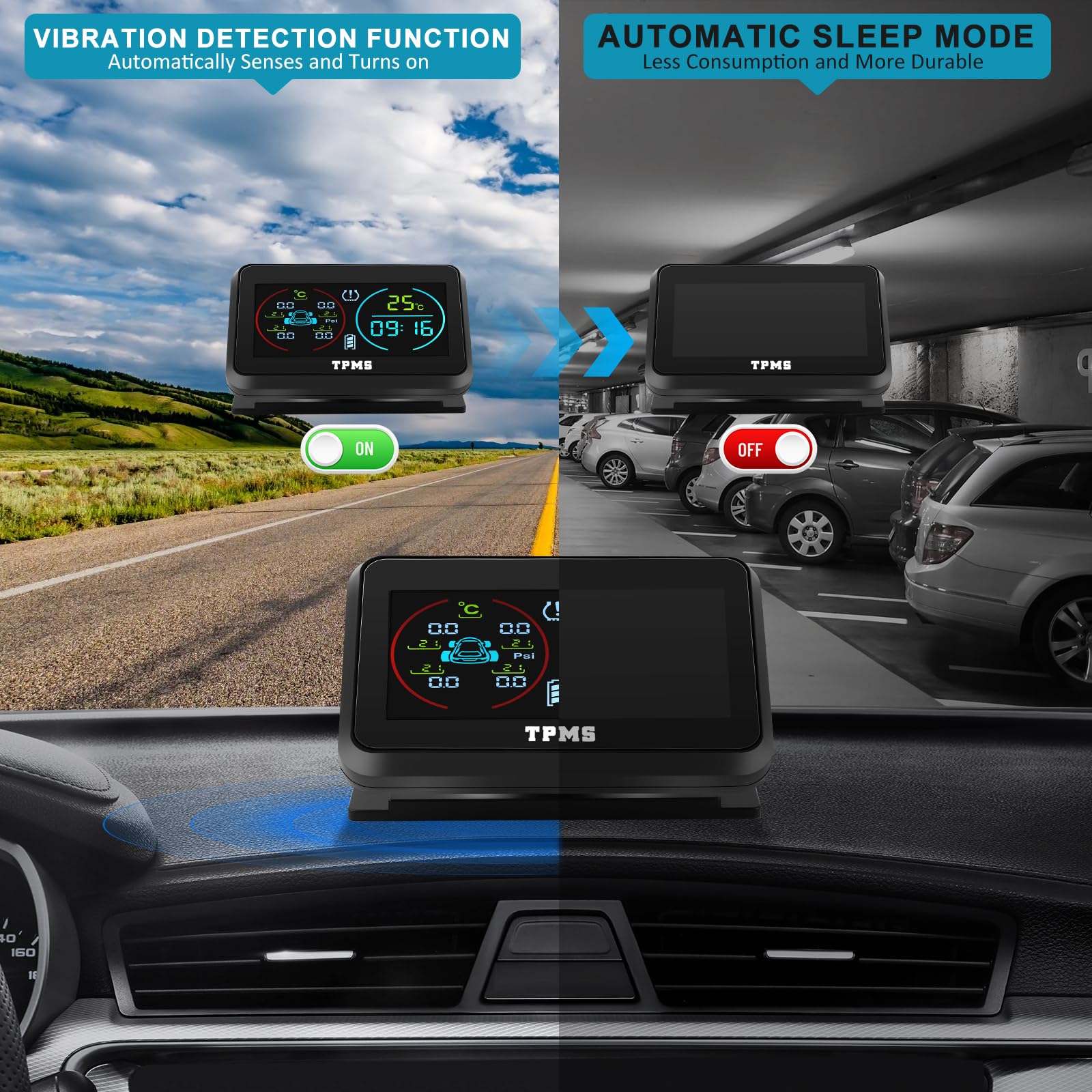 KAOLALI TPMS Sistema di monitoraggio della pressione degli pneumatici, visualizzazione dell'ora e della temperatura TPMS, ricarica solare e funzione di ricarica USB, con 4 sensori esterni di pressione
