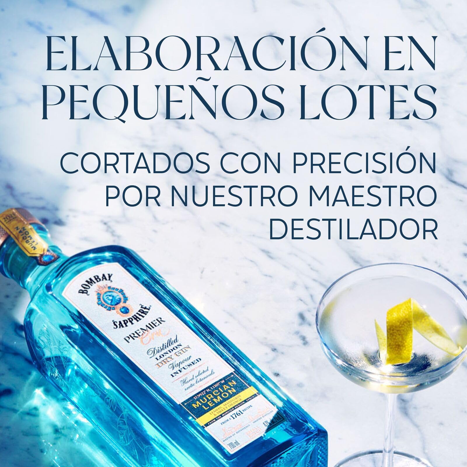 Bombay Sapphire Premier Cru Murcian Lemon London Dry Gin, 47% Vol., 70 cl / 700 ml, bebida espirituosa 100% infusionada al vapor con cítricos recolectados a mano
