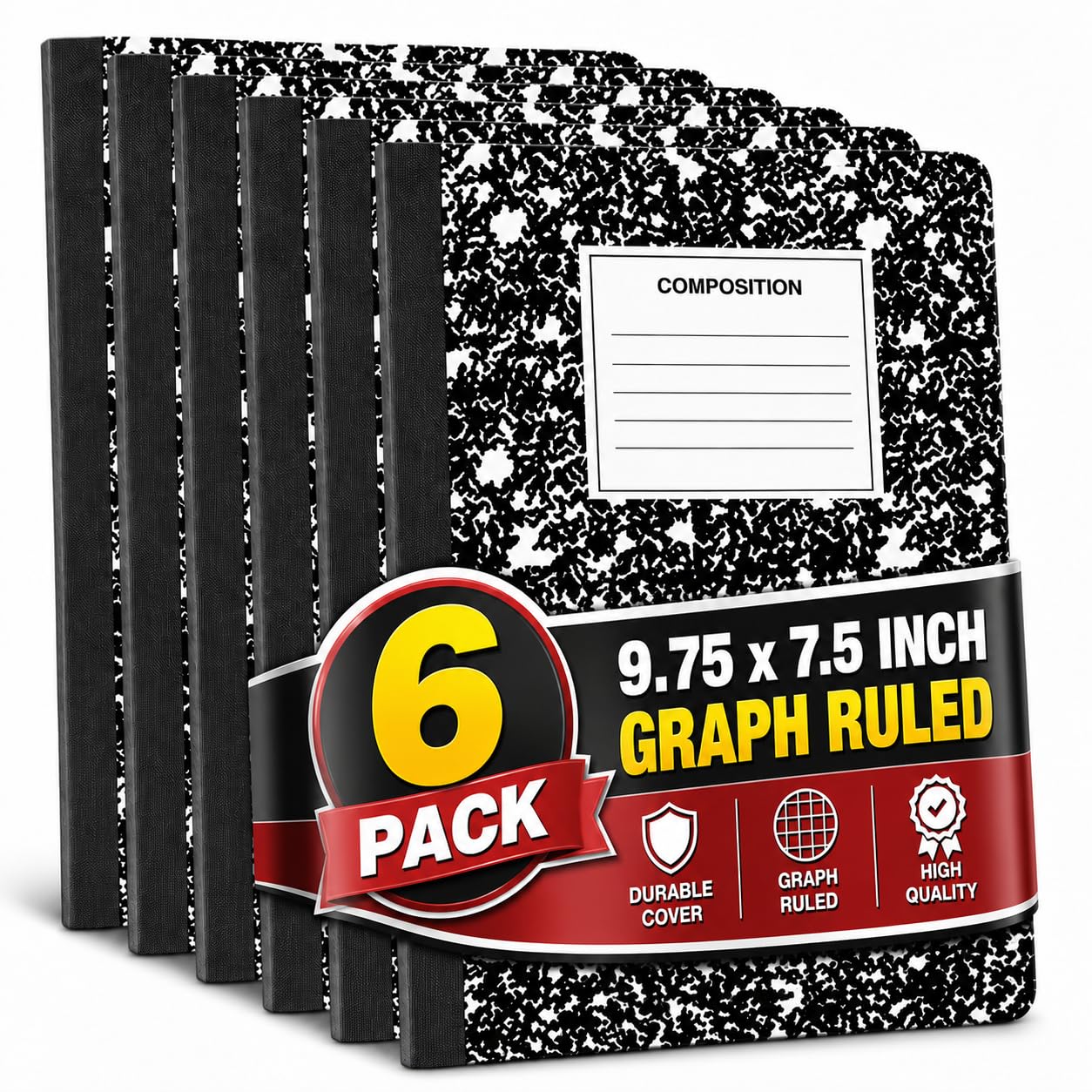 Cuaderno de composición de papel gráfico con diseño mármol negro de 100 hojas en pack de 6