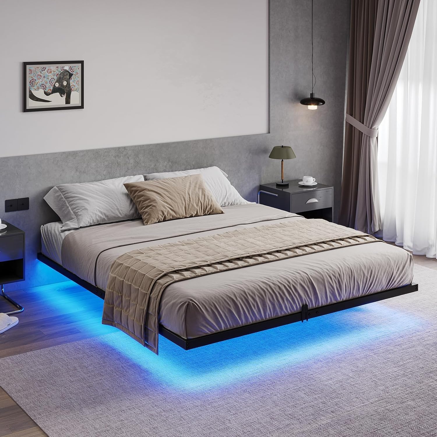 SANGMUCEN Floating Queen Bed Frame with LED Lights & USB Charging Station, Metal Platform Bed Frame Queen Size, No Box Spring Needed, Steel Slat Support, Anti-Noise Foam Stickers, Easy to Assemble - Image 9