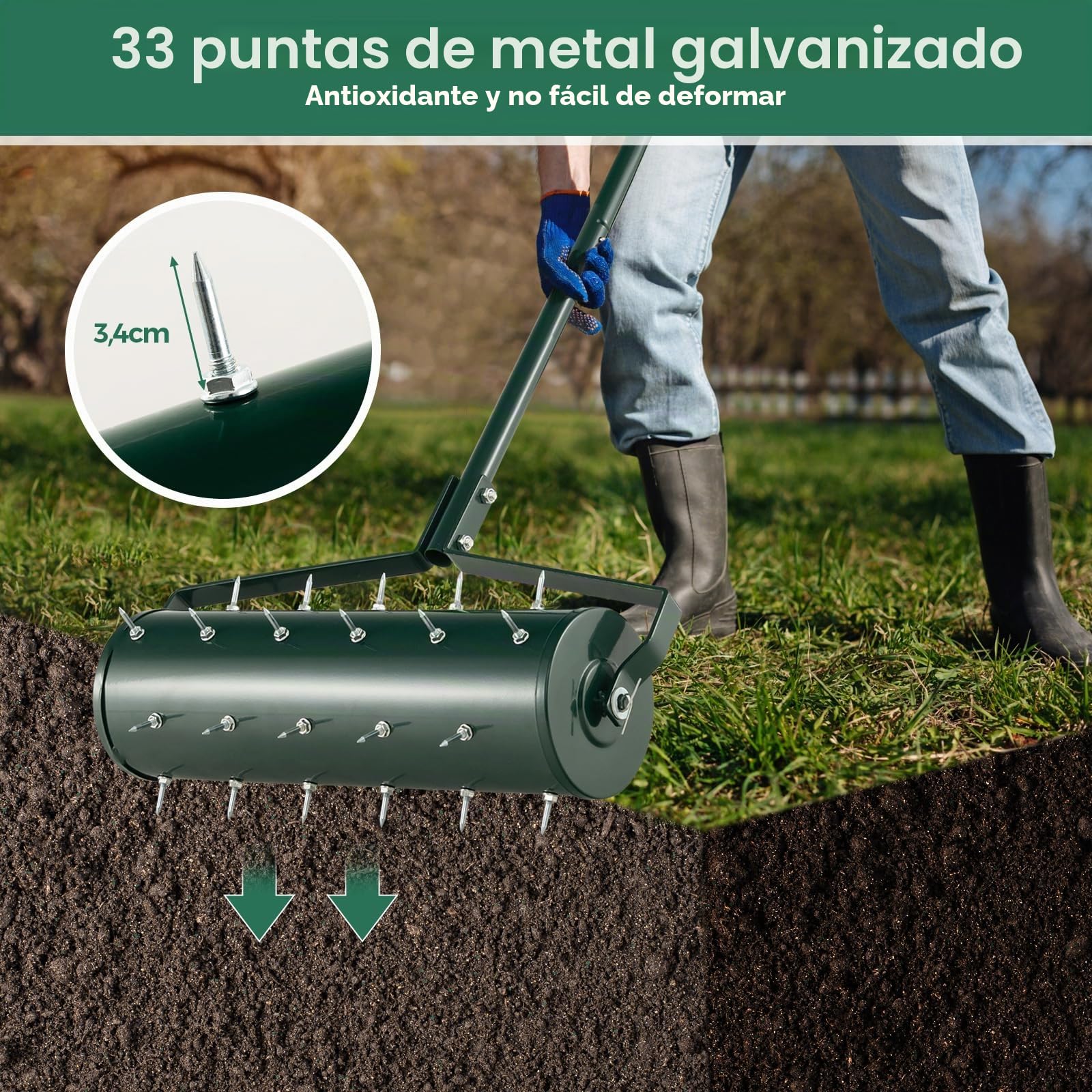 RELAX4LIFE Aireador para césped con rodillo de 44 cm/52 cm, 27/33 puntas antioxidantes de 3,4 cm, aireador de césped con mango largo, ideal para patios, jardines y césped (ancho: 52 cm, verde)