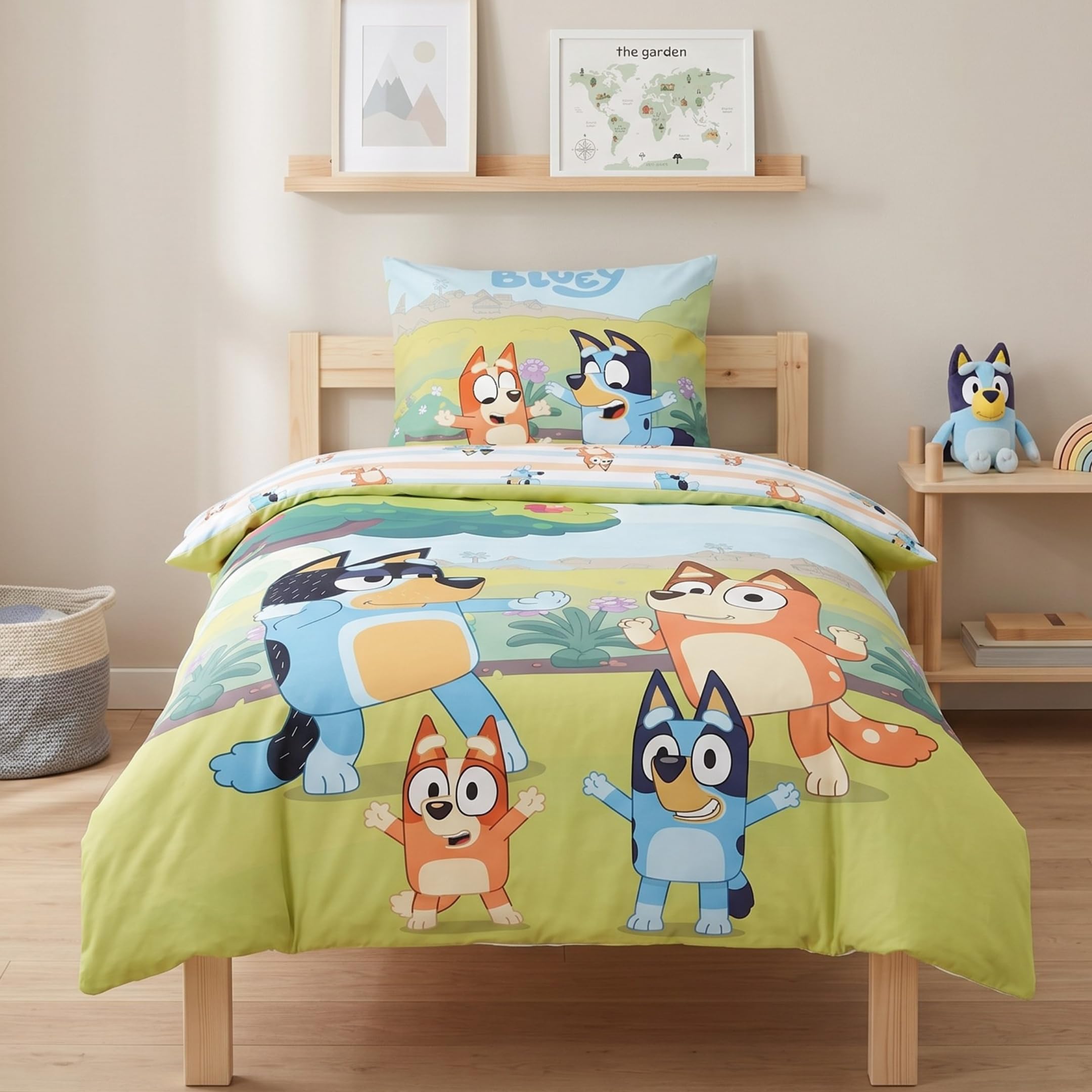 MTOnlinehandel Bluey Bettwäsche 135x200 Baumwolle für Mädchen und Jungen, Kinderbettwäsche, 1x Kissenbezug 80x80 + Bettbezug 135x200, Bingo & Bluey Geschenk