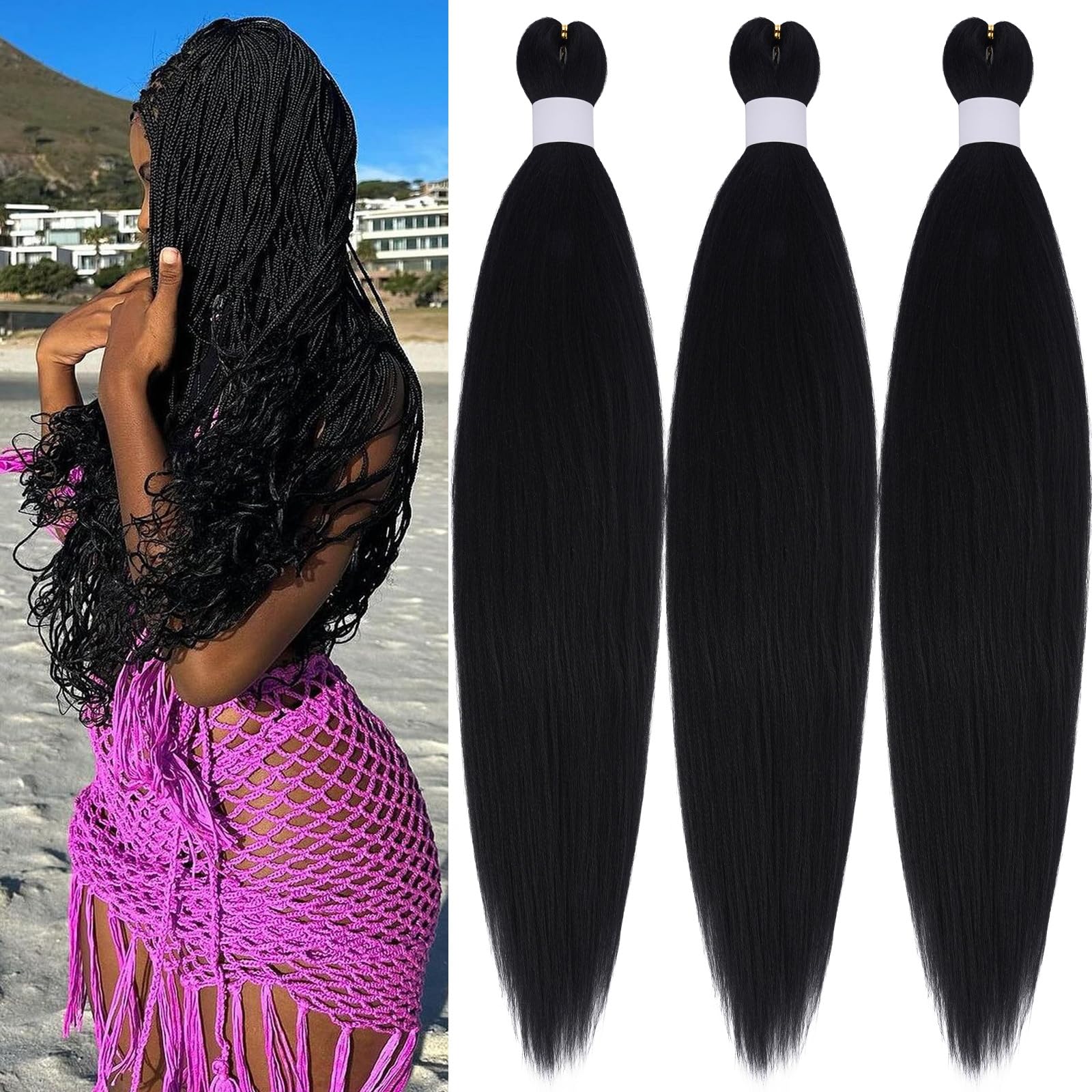 Black Pre Stretched Braiding Hair 1b Crochet Box Braids 26 Inch Synthetic Hair Extensions for Braiding Hypoallergenic Organic Non Toxic Pre Sectioned Braiding Hair Black for Women Kids