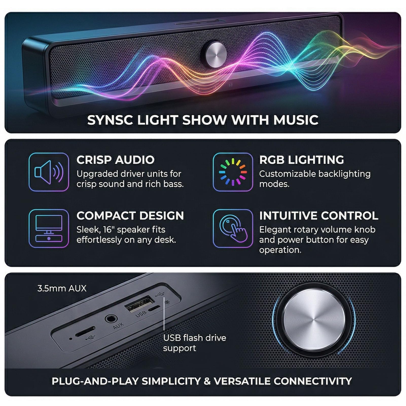 Cocoarm Altoparlante per Computer ABS Bluetooth 6.0 Altoparlante per PC con Luce RGB Alimentato Tramite USB 3,5 Mm AUX 2.0 Soundbar da 16 Pollici per Desktop Laptop Giochi Musica Home Office