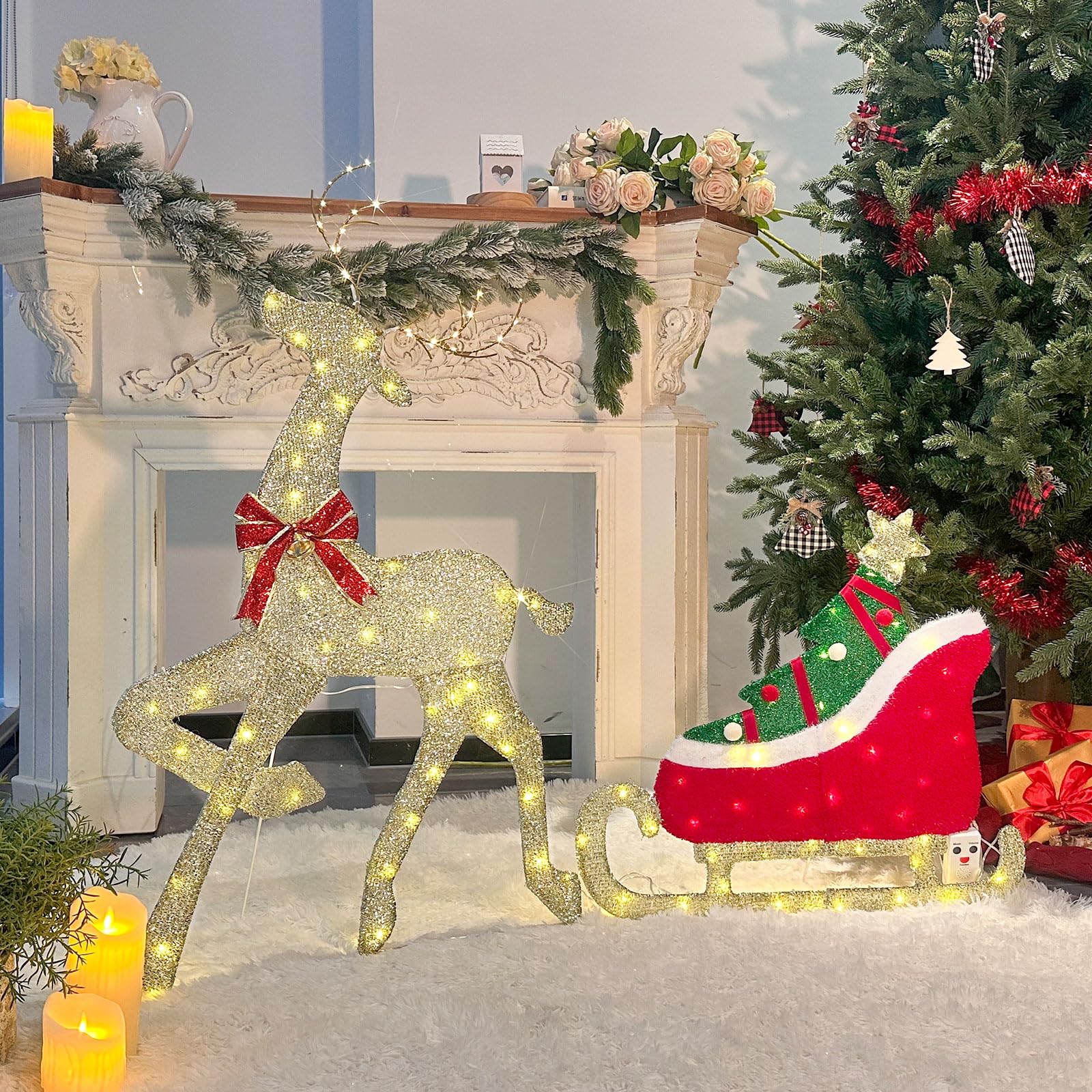 Renne Lumineux avec traîneau et 117 LED Blanc Chaud, décoration de Noël sur Pied avec détecteur de Musique et de Mouvement, Renne de Noël pour l'intérieur et l'extérieur, 107 cm