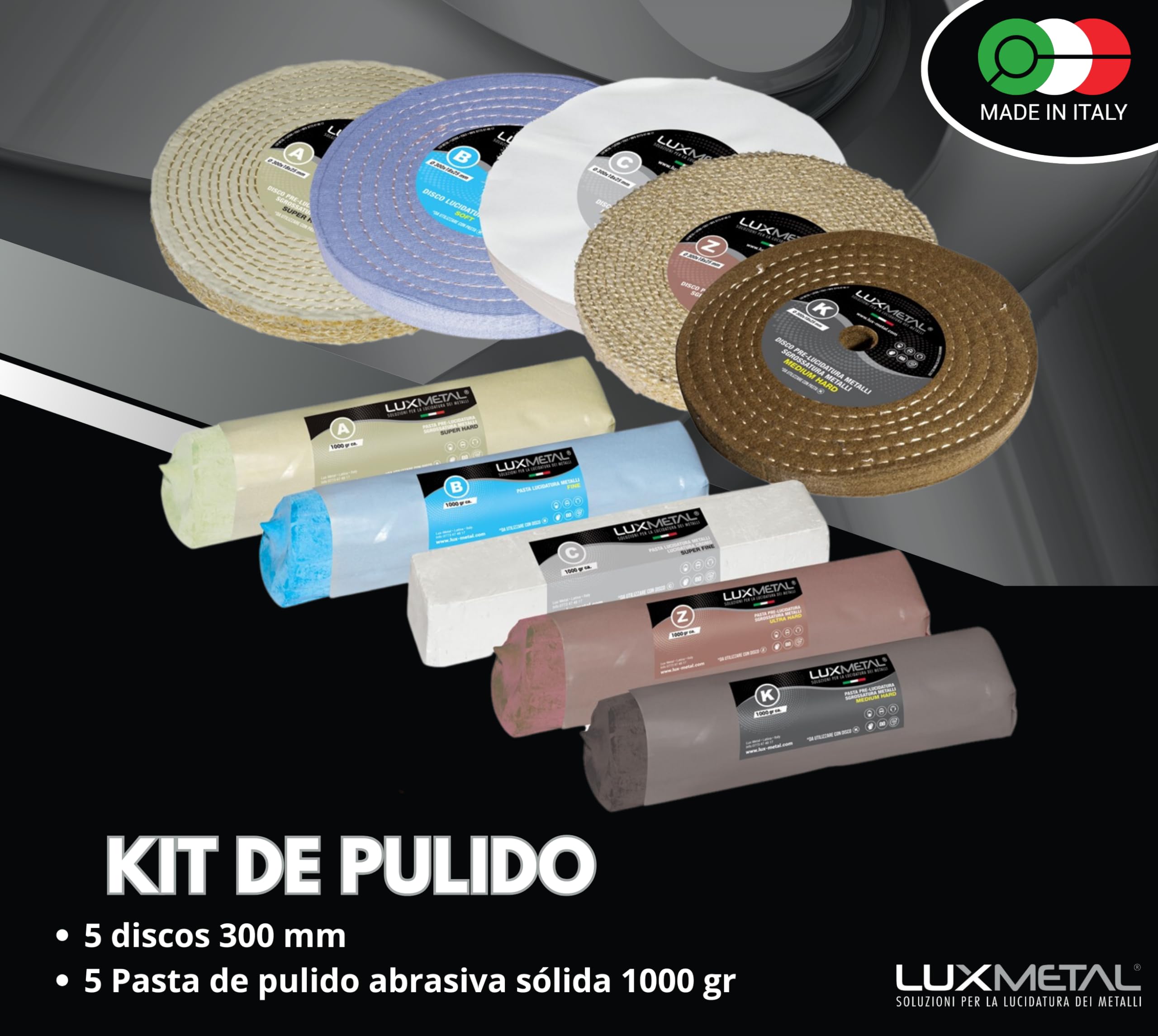 Lux Metal - Kit con 5 discos pulidos de 300 mm y 5 pasta abrasiva de 1000 gr - Ideal para pulir sobre aluminio, hierro, acero inoxidable disco pulido pasta abrasiva sólida pulir metales kit de pulido