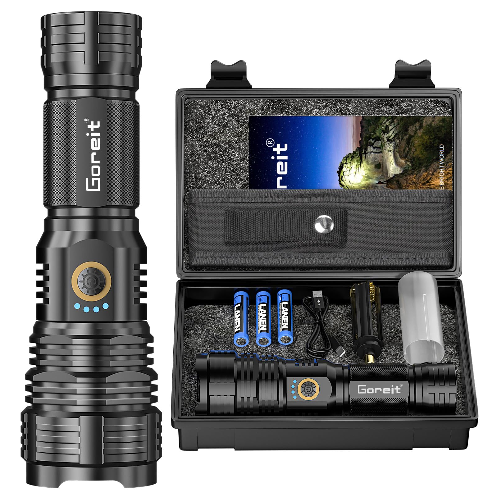 best rechargeable battery led flashlight Flashlights LED High Lumens Rechargeable, Goreit 20,000 Lumens XHP70.2  Super Bright Flashlight, Flash Light Battery Powered, Powerful Handheld  Flashlight with holster for Emergency Camping Hiking Gift