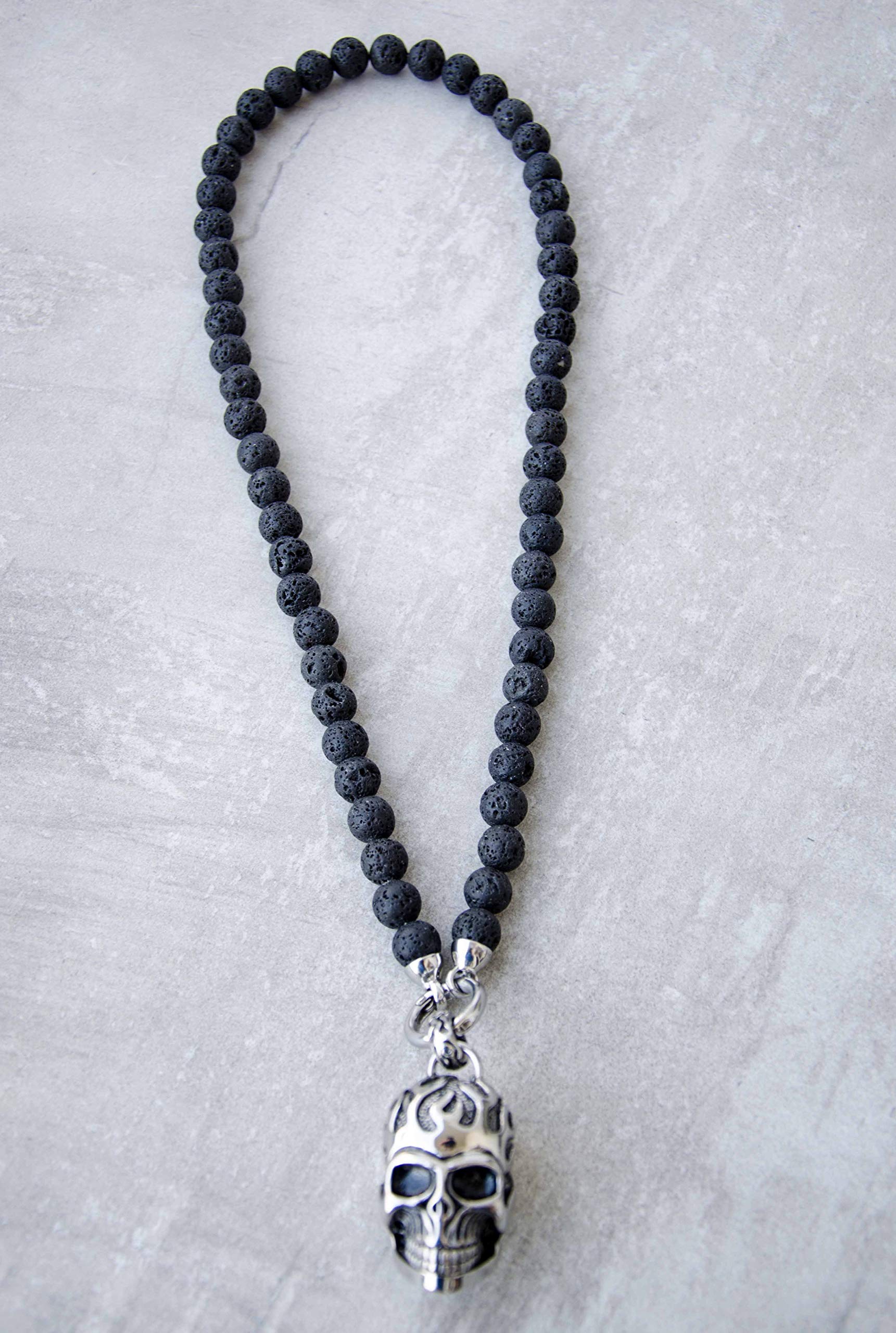 Halbedelstein Totenkopf Skull Halskette Rosenkranz Onyx, Herren Schmuck Männer schwarz Perlenkette Bikerschmuck Skull Edelstahl Gebetskette Geschenk Gothik Matt Lava Religion Handgemacht Handmade