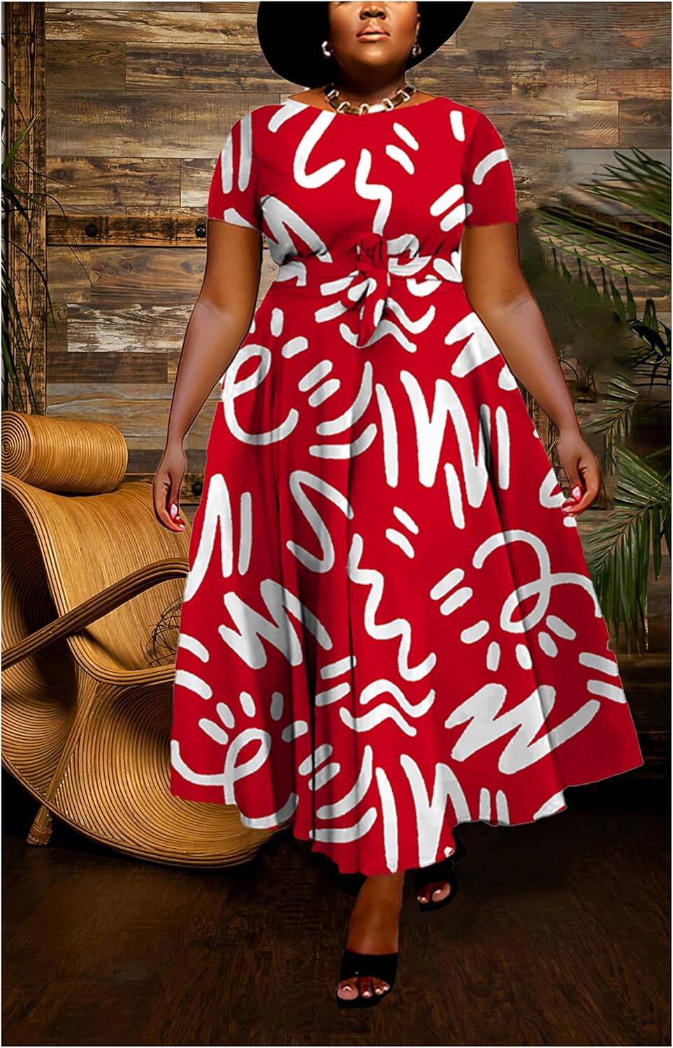 Women Plus Size Formal A Line Maxi Dress Self Tie Waist with Pockets Elegant Round Neck Swing Long Dresses - Image 3