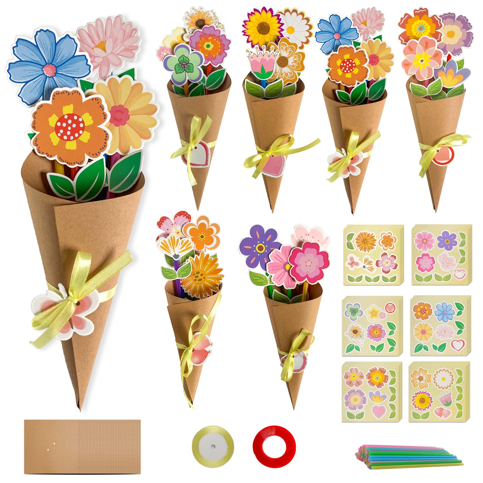 Unvola 48 Sets Spring Flower Bouquet Kit for Kids DIY Flowers Craft Ornaments Decorations Spring Paper Flower Crafts Kit for Kids for Family Kit for Kindergarten Classroom Activities