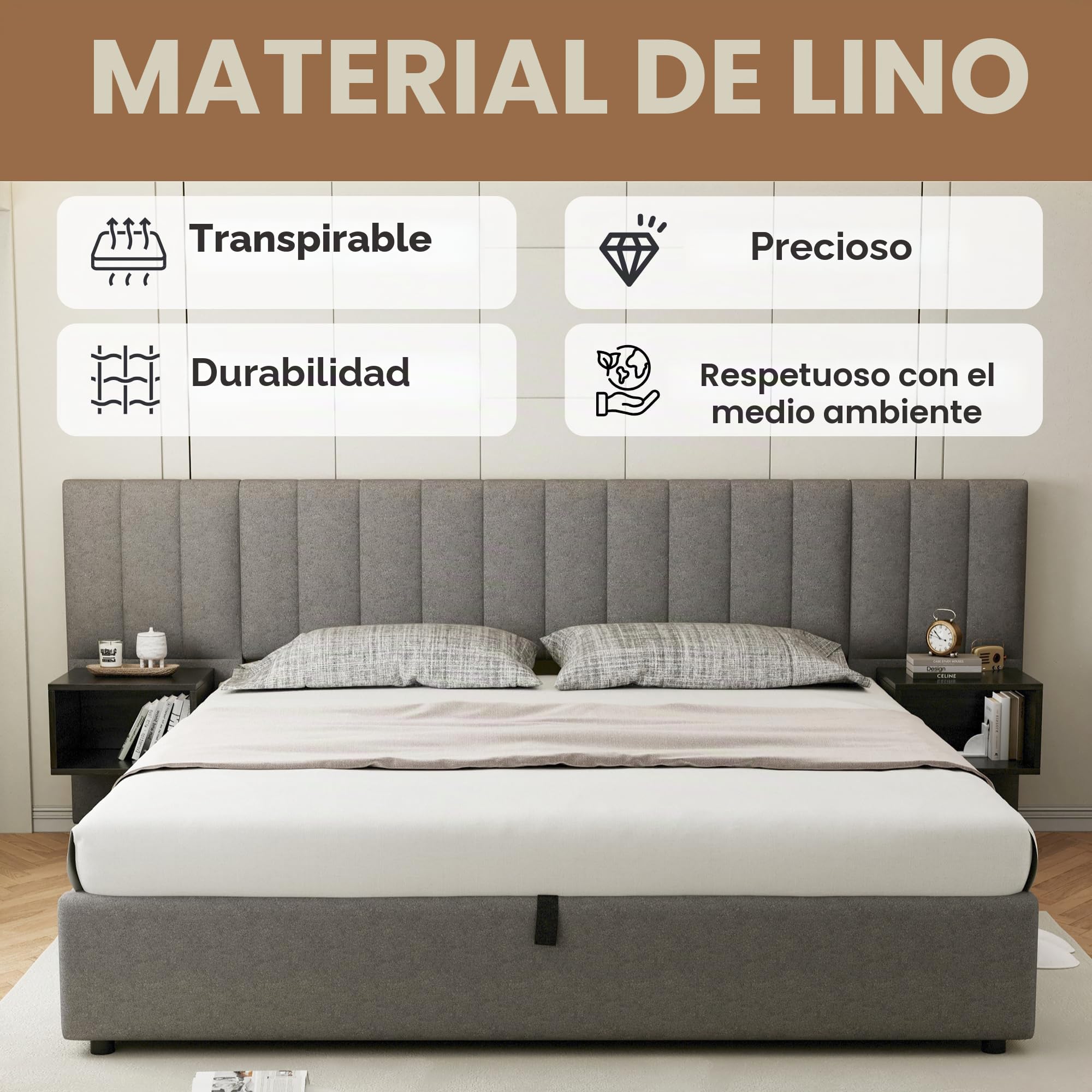 Cama acolchada de 160 x 200 cm, cama hidráulica de patas anchas, cama de matrimonio con dos mesitas de noche con contenedor, somier de láminas de madera, lino, apto para adultos y jóvenes, gris