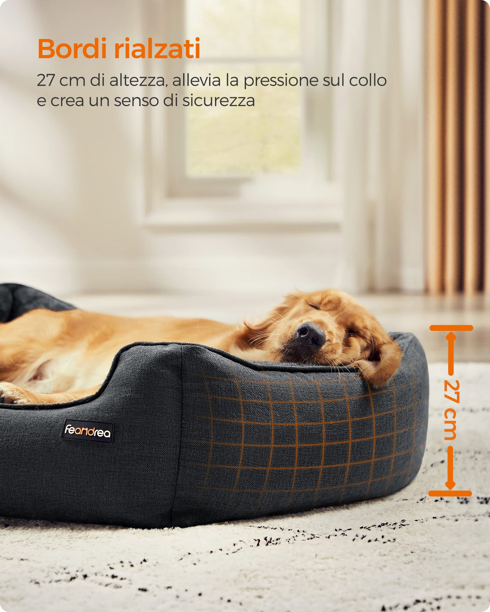 Feandrea Cuccia per Cani, Lettino per Animali in Simil Lino, Bordi Rialzati, Fondo Antiscivolo, Copertura Sfoderabile per Lavaggio, Taglia XL per Cane Grande, 110 x 75 x 27 cm, Grigio Scuro PGW012G01