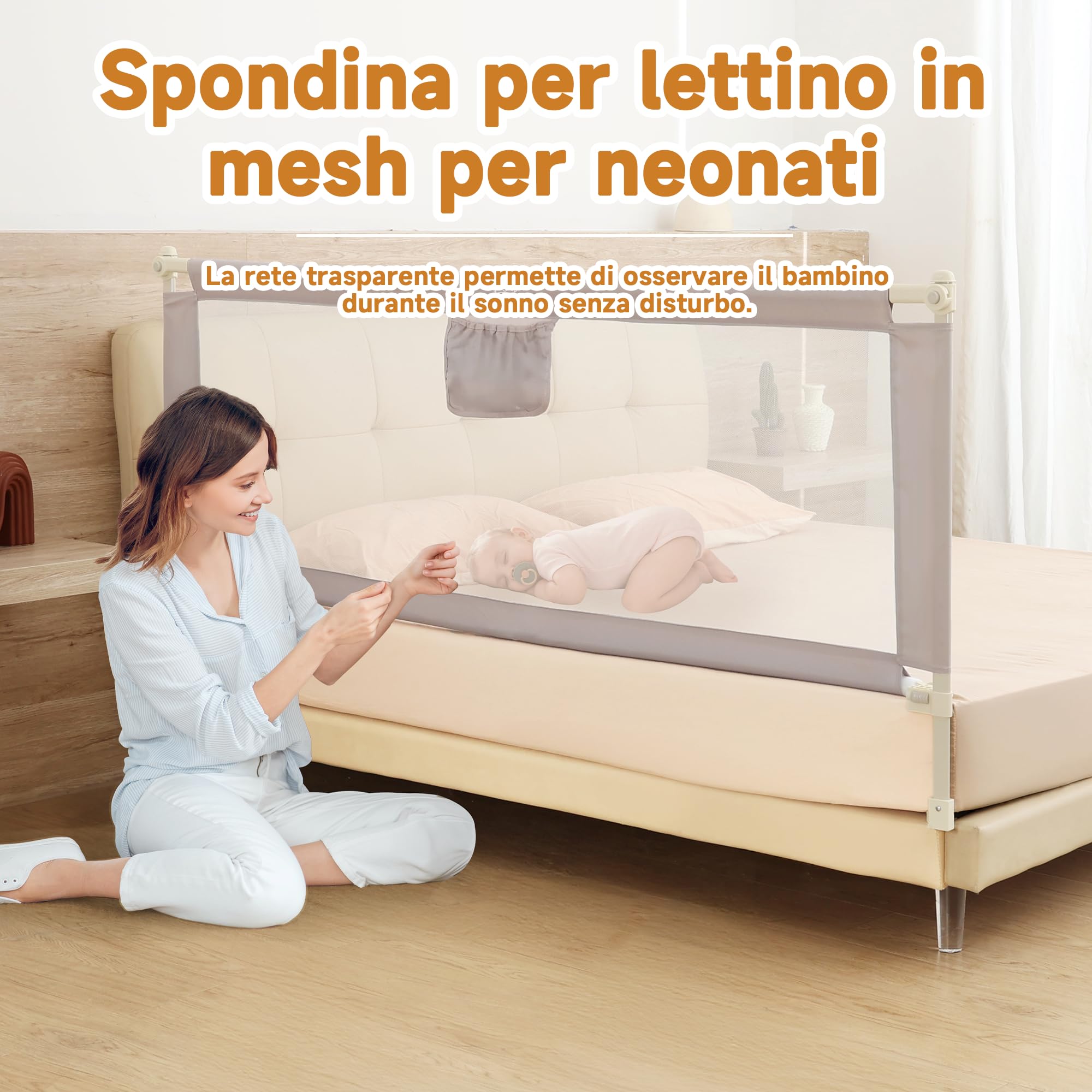 Sponda Letto Bambini 180 cm, Universale Barriera Protettiva Bambini Barriera Letto - Installazione Rapida in 3-5 Minuti, Grigio