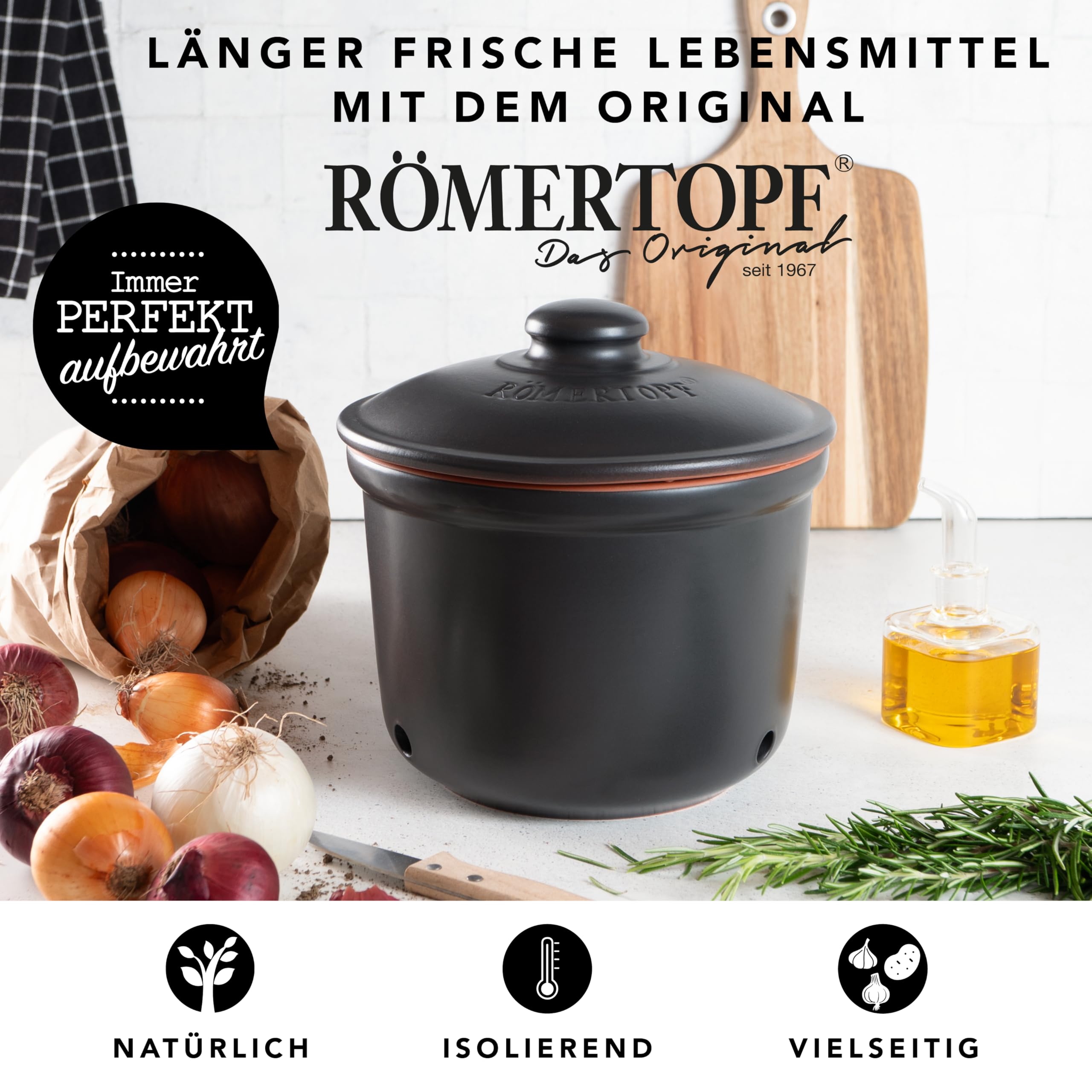 Römertopf Pot fraîcheur maxi 2,8 l – Pot à oignons en céramique – L'argile respirante garde les légumes frais plus longtemps – Circulation de l'air idéale – Noir