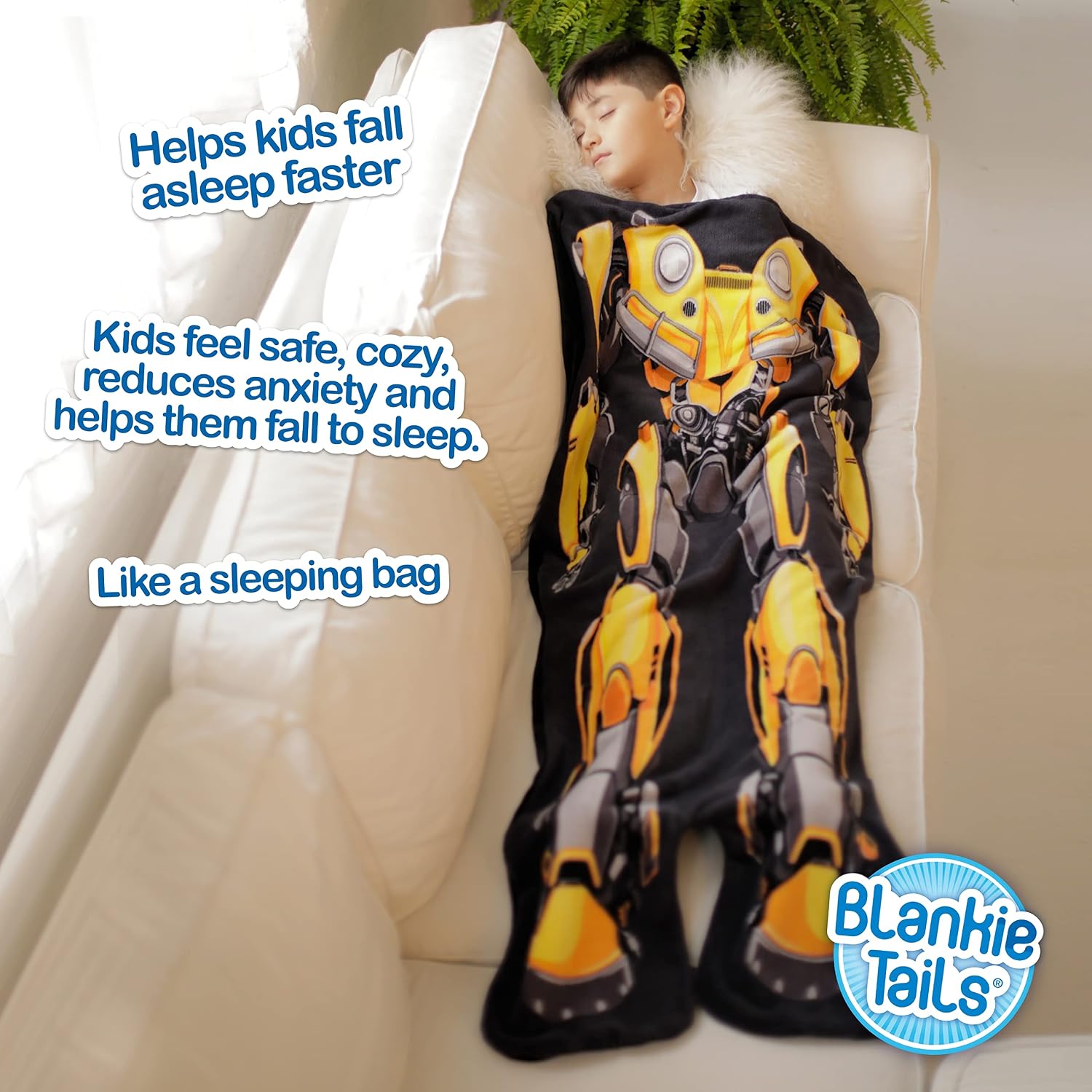 Blankie Tails | Transformers Blanket - Double Sided Super Soft and Cozy Minky Fleece Blanket, Machine Washable Fun No Zipper Transformer Wearable Blanket for Kids (Bumblebee)