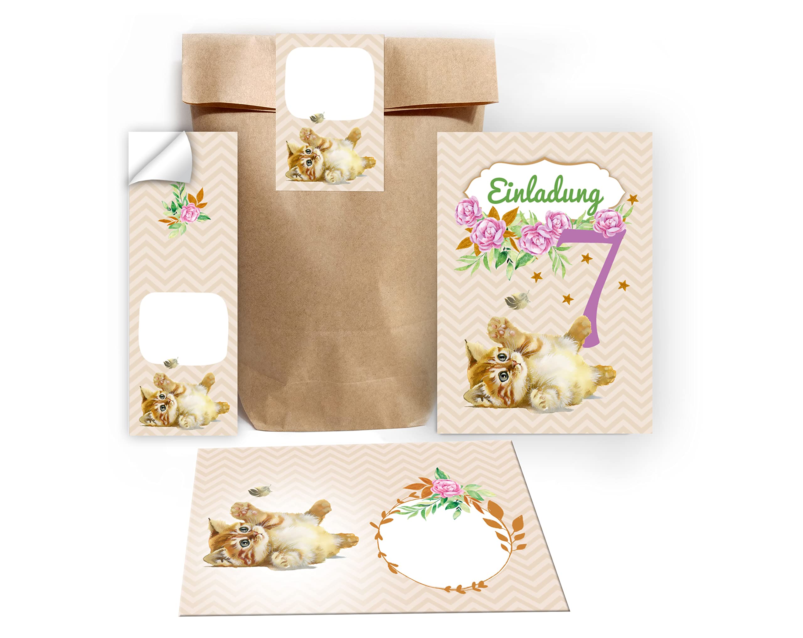 12 Biglietti D'Invito Per 7° Compleanno Bambina - Tema Gatto, Con Buste, Sacchetti E Adesivi, Colore Petrolio
