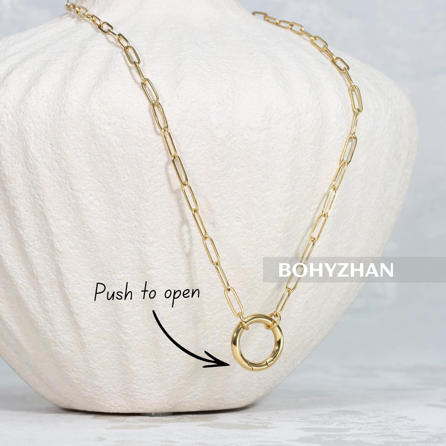 14K Gold Plated Open Circle Carabiner Link Paperclip Necklace with Charm Holder Pendant, Jewelry Gifts for Women - Image 2