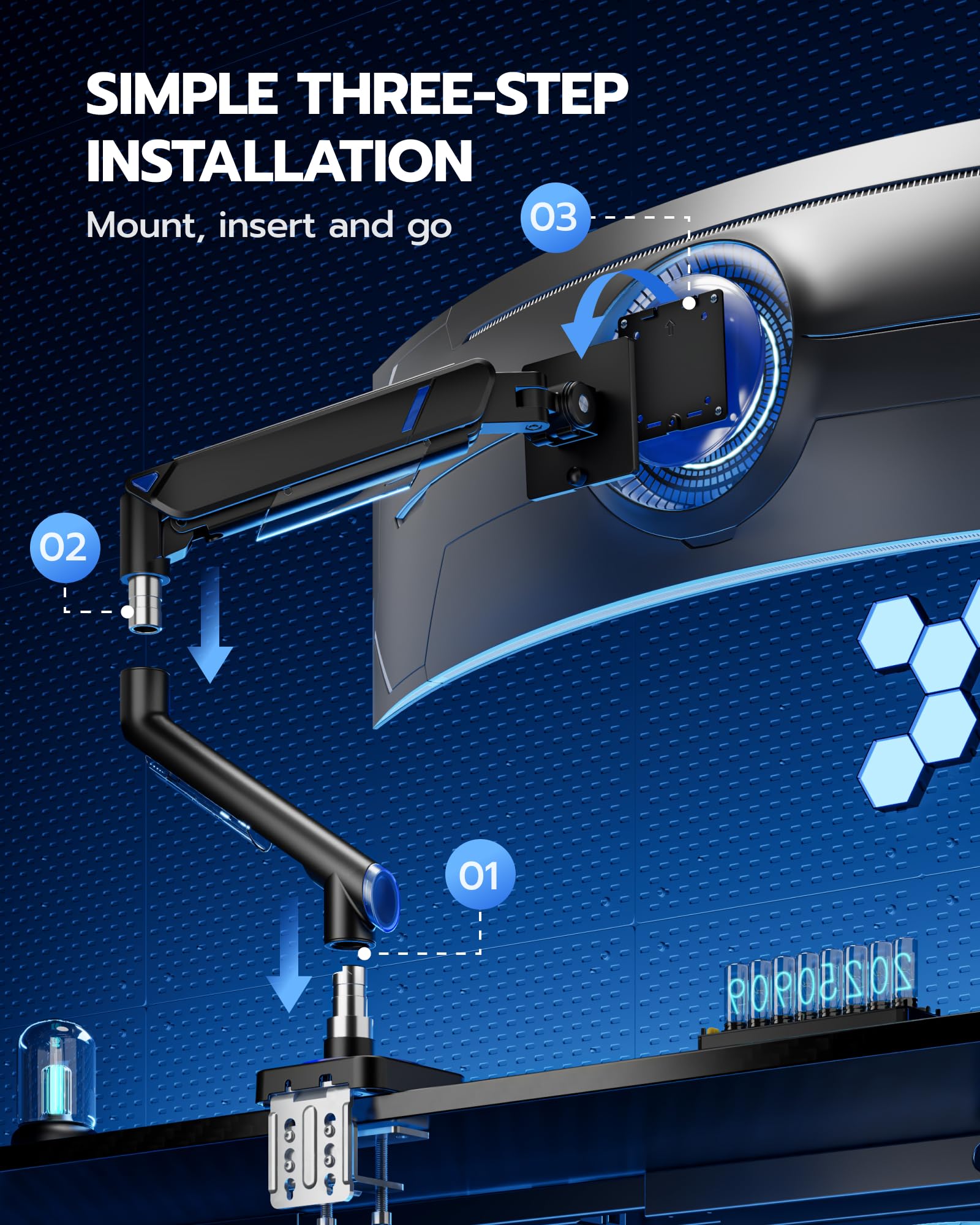 ARES WING Supporto per monitor piatto da 17"-49",Nero | Braccio per monitor con molla a gas, supporto regolabile per schermi fino a 20 kg, attacco VESA 75/100 mm