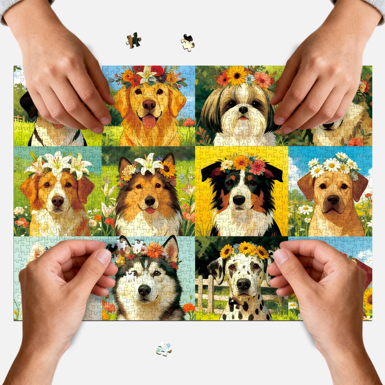 Puzzles for Adults 1000 Pieces Dog with a Wreath Jigsaw, Jigsaw Puzzles with Letters on Back Impossible Challenging Puzzle, HD Poster, Storage Bag Gift for Dog Lovers