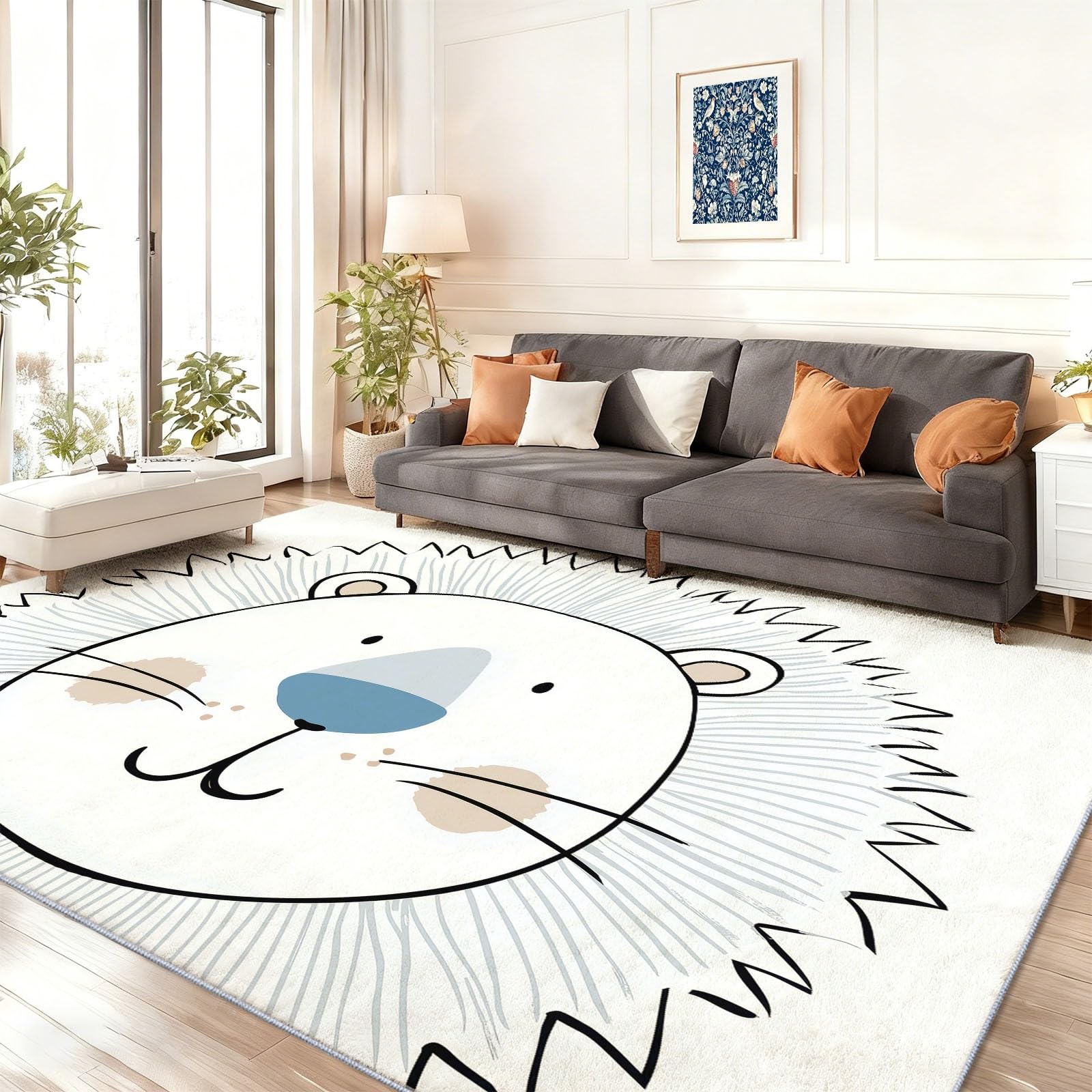 Tapis de Salon Lavable en Machine Blanc Dessin Animé Lion Dessin Au Trait Animal Faible Poil Antidérapant avec Motif Imprimé Tapis Chambre pour la Chambre à Coucher, 80 x 150 cm