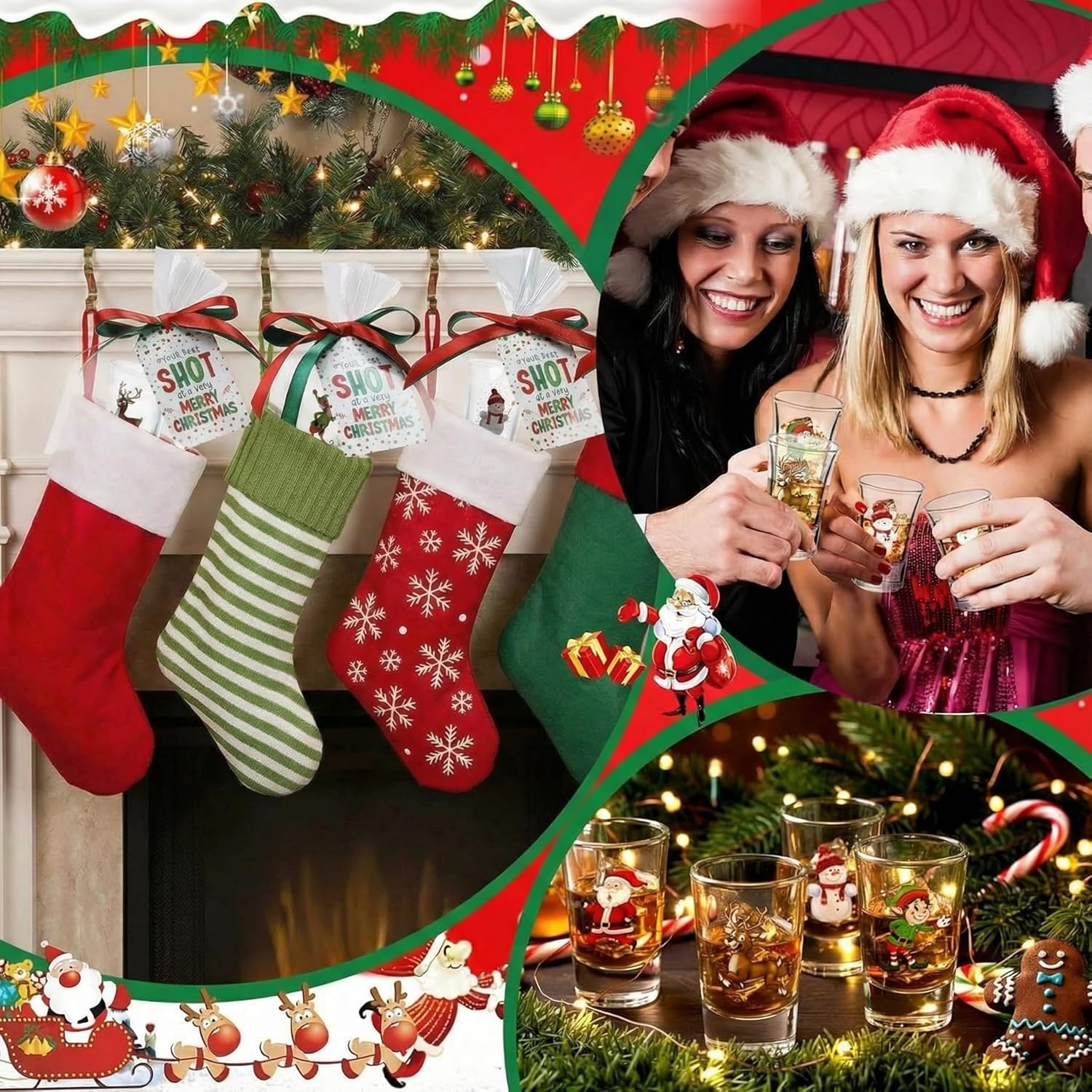 24 Pcs Christmas Party Favors Shot Glasses 1.5oz Holiday Glasses Bulk with Heavy Base Santa Small Shot Cups with Christmas Cards and Gift Bags and Ribbon for Xmas Gift Stocking Stuffer Supply